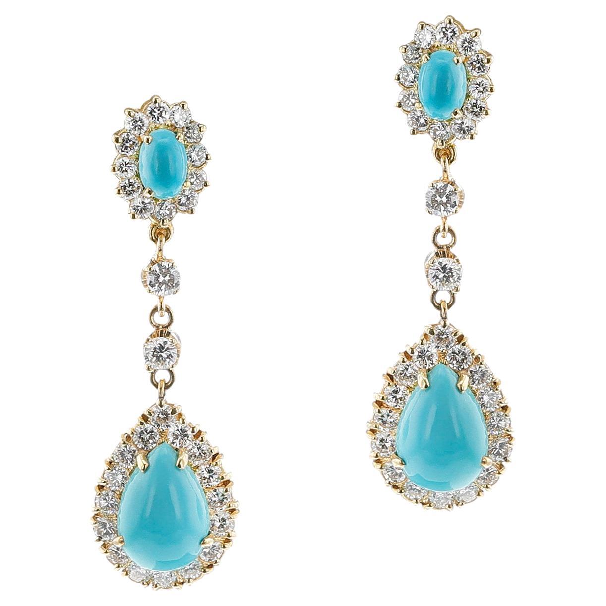 Turquoise Cabochon and Diamond Dangling Earrings, 18k For Sale