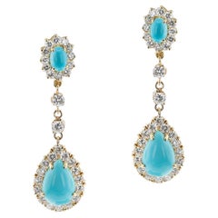 Vintage Turquoise Cabochon and Diamond Dangling Earrings, 18k