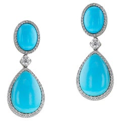 Turquoise Cabochon and Diamond Dangling Earrings, 18k