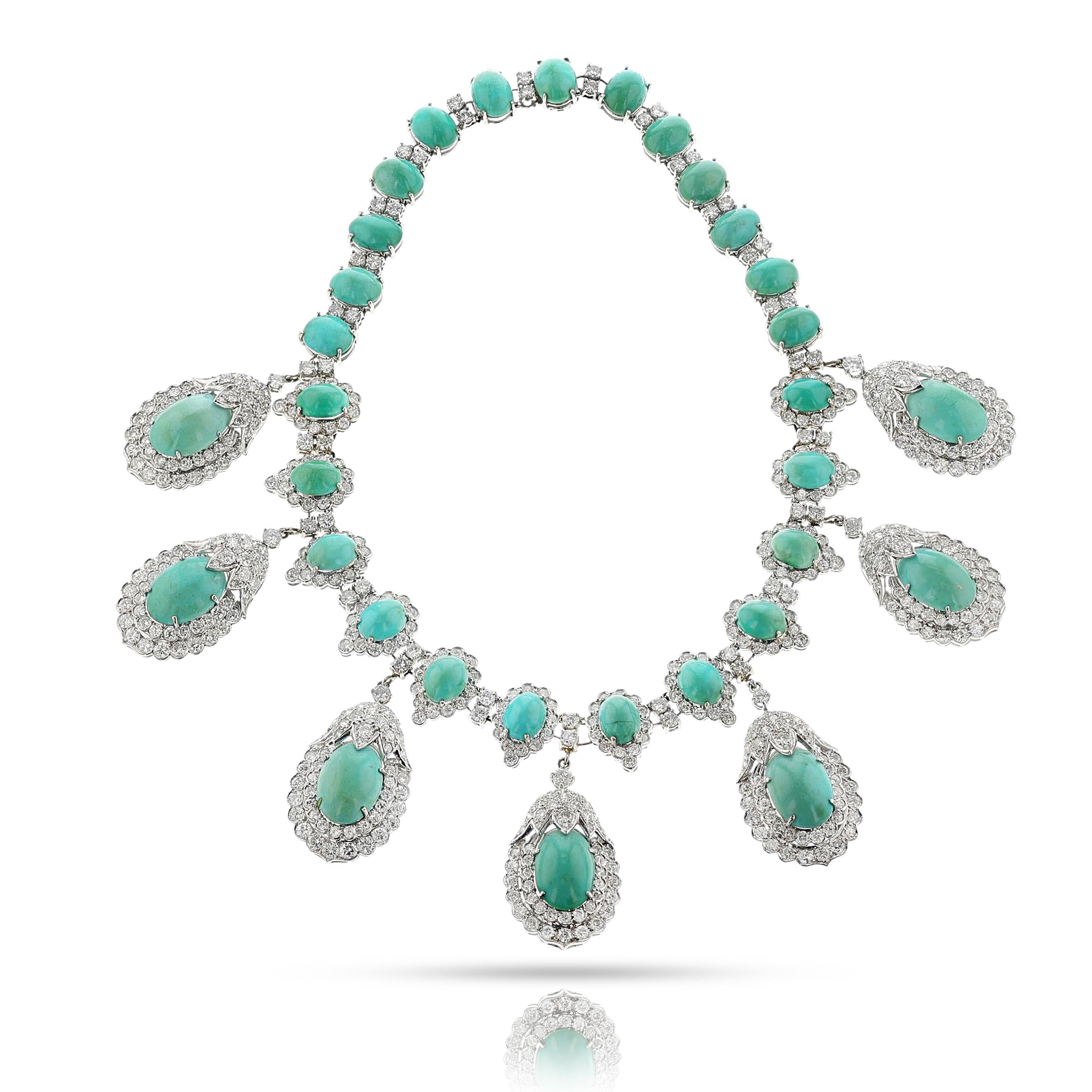 da uomo o donna Collana con cabochon di turchese e diamanti, 14k in vendita