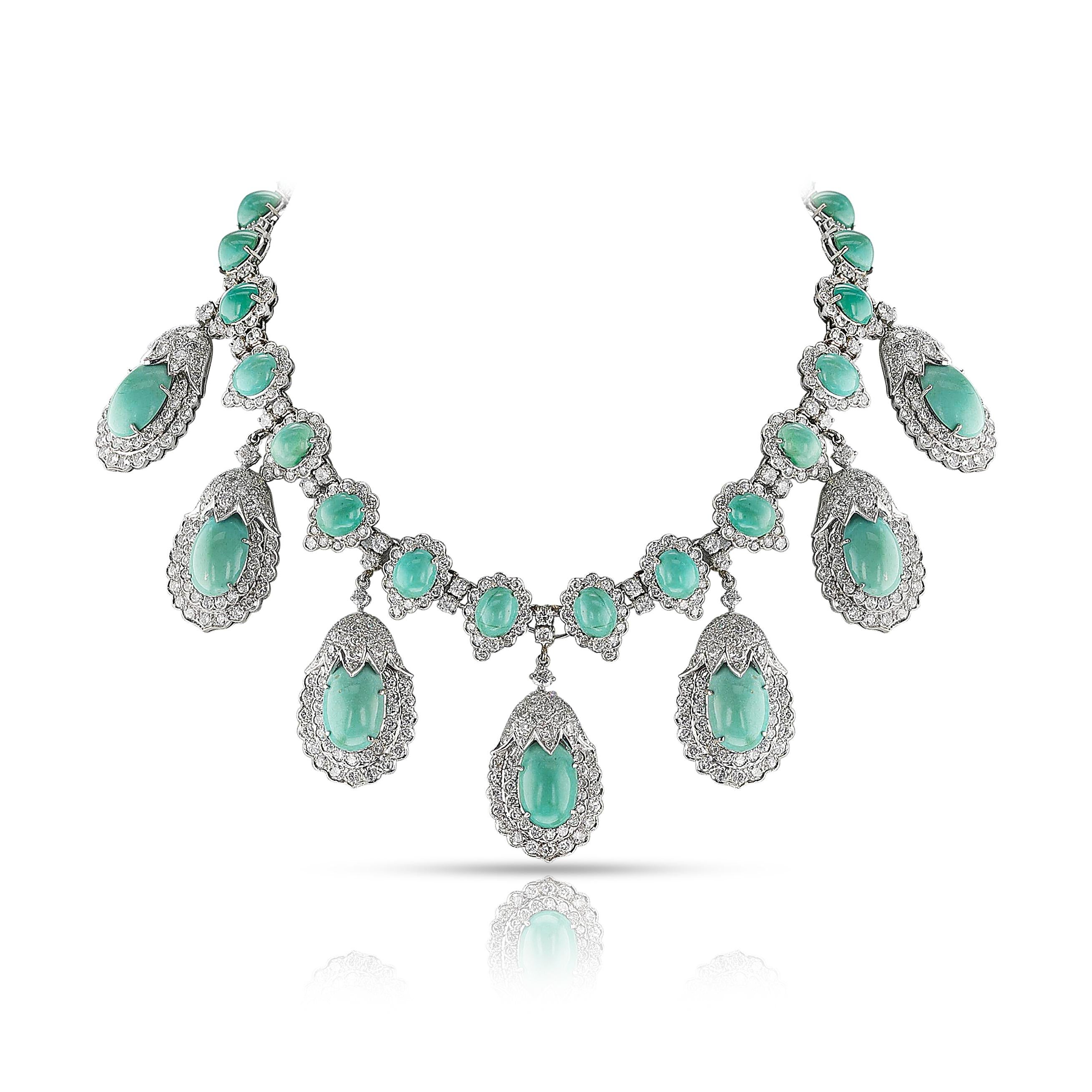 Collana con cabochon di turchese e diamanti, 14k in vendita 1