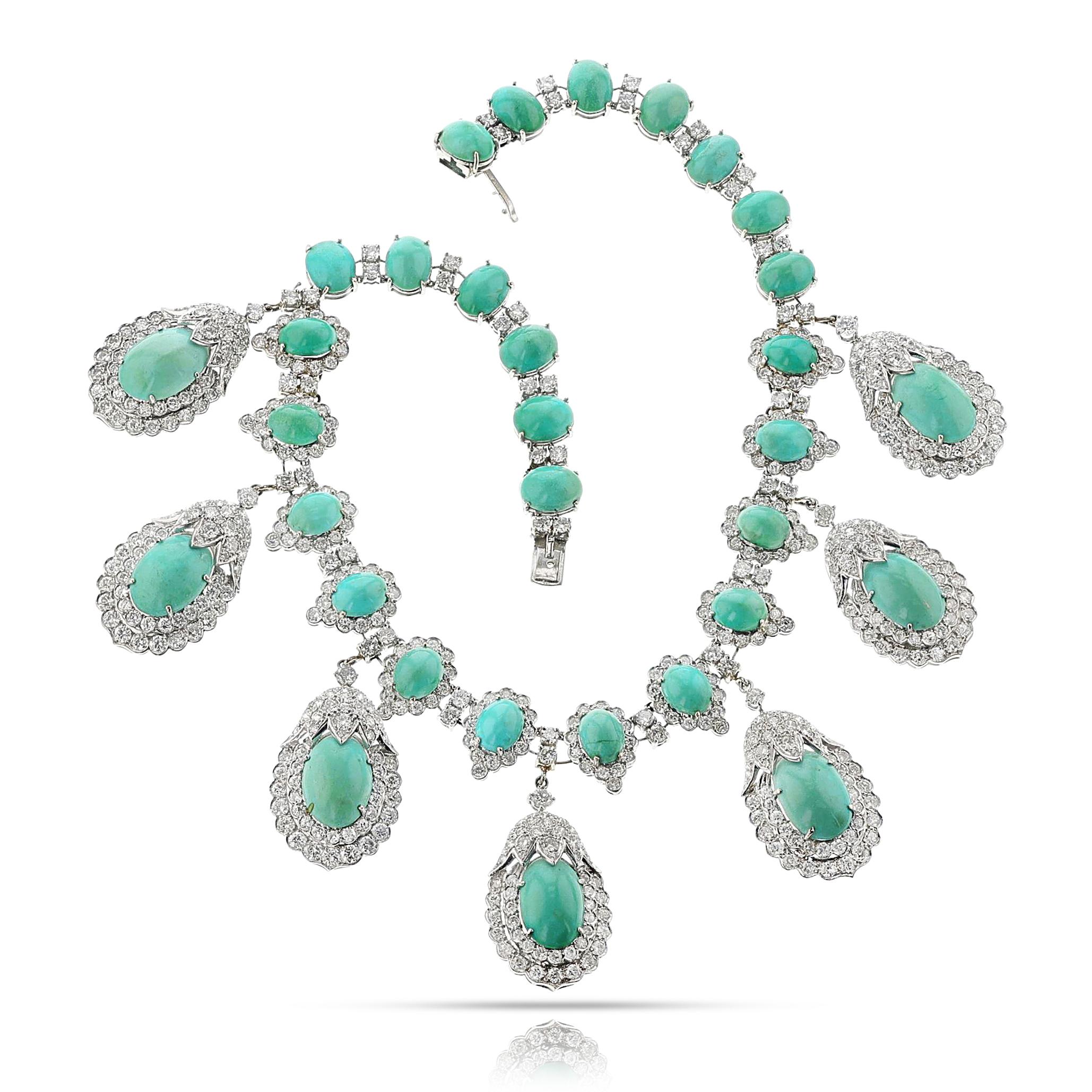 Collana con cabochon di turchese e diamanti, 14k in vendita 3