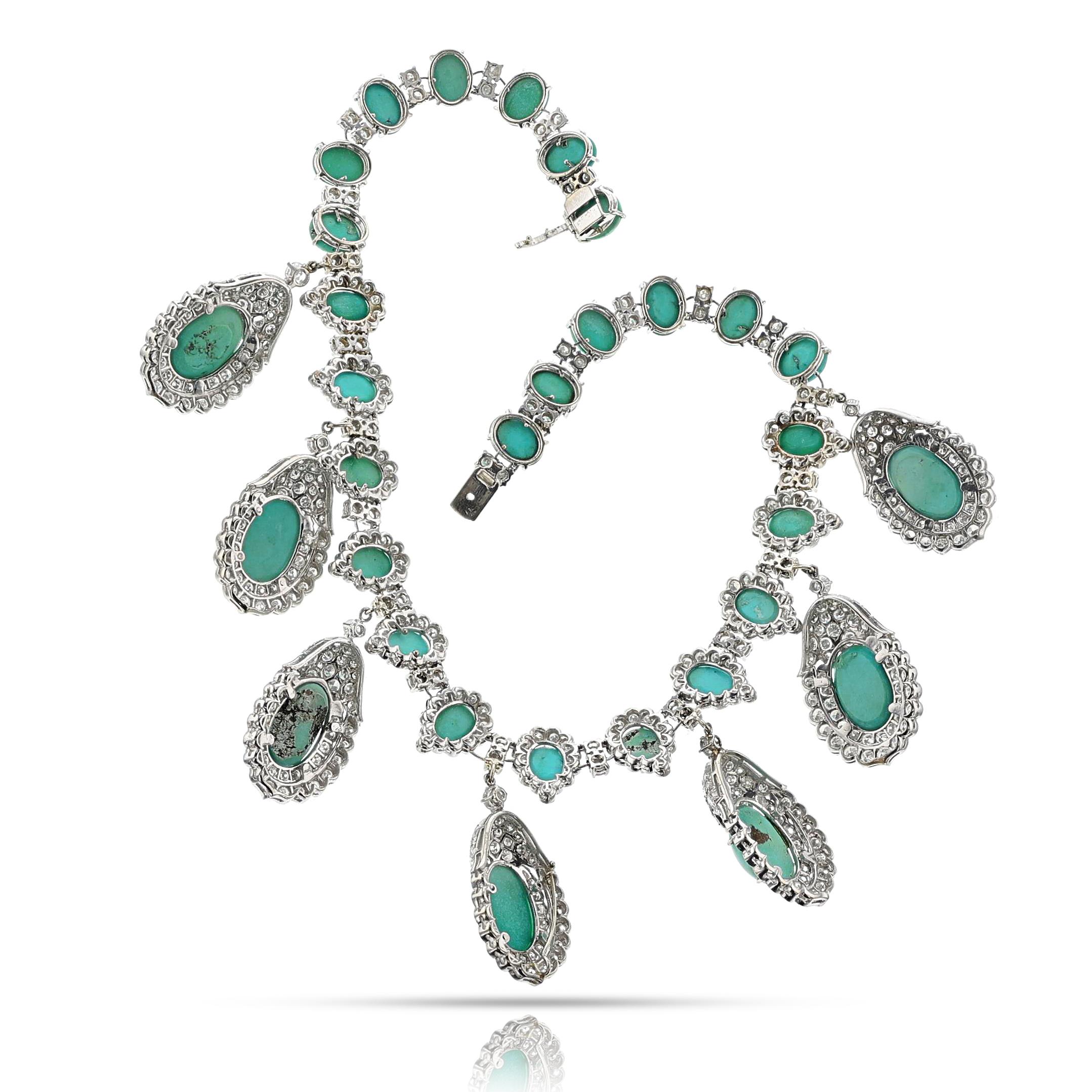 Collana con cabochon di turchese e diamanti, 14k in vendita 4
