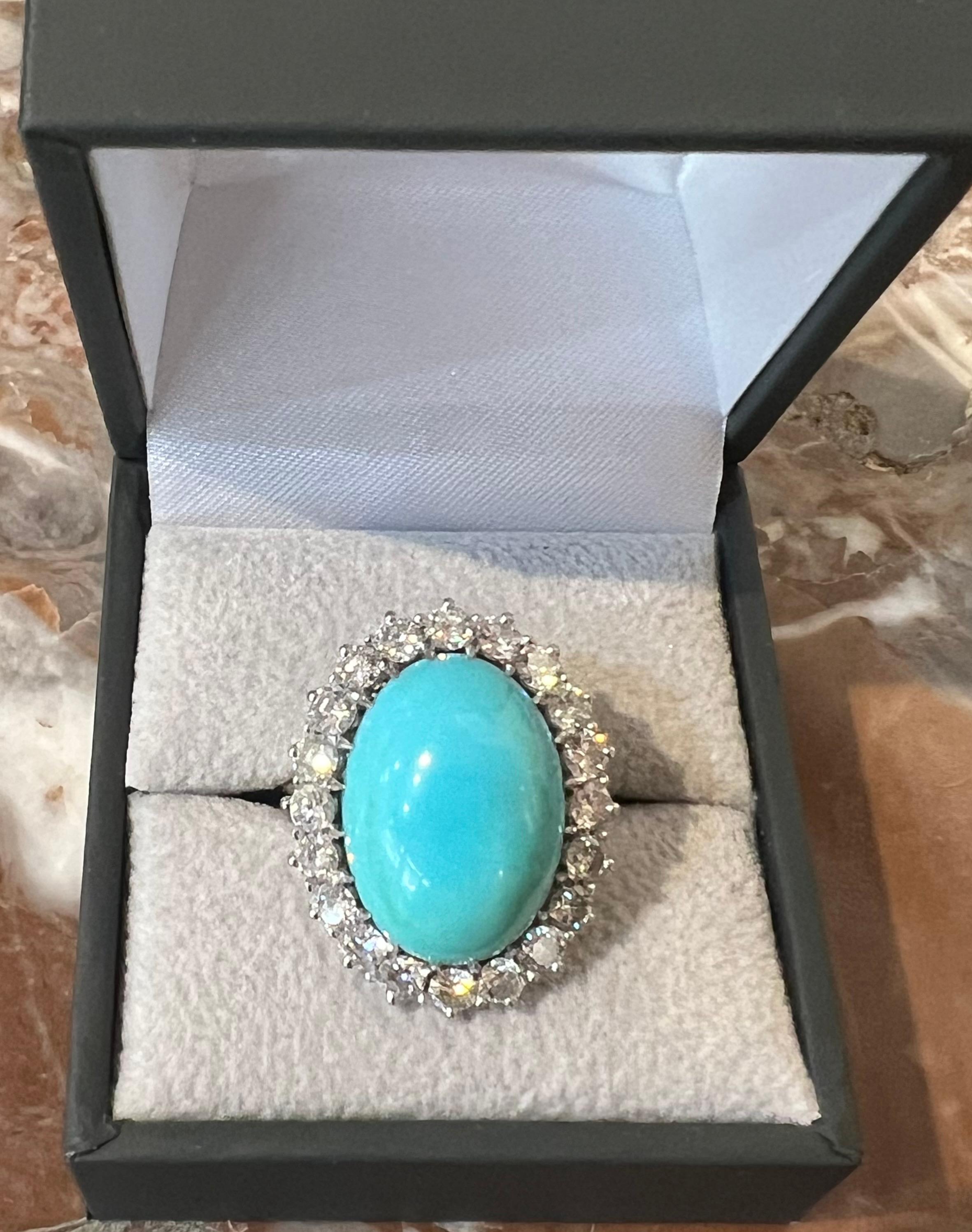 Turquoise Cabochon and Diamonds Platinum and 18 Carat White Gold Retro Pompadour In Excellent Condition For Sale In Paris, FR