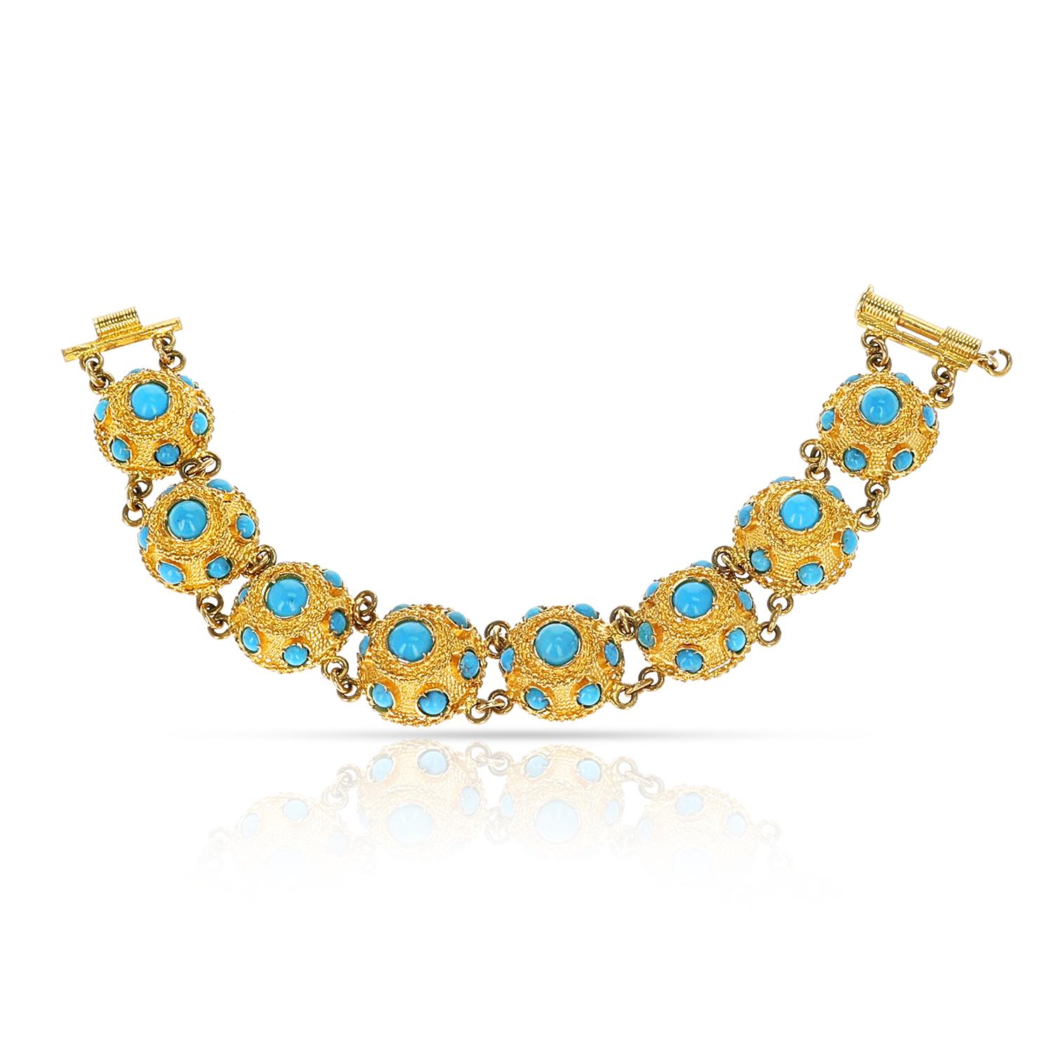 A Turquoise and Gold Bracelet. The bracelet is 6.5 inches. The set consists of: Two pairs of earrings, a ring and a bracelet.
