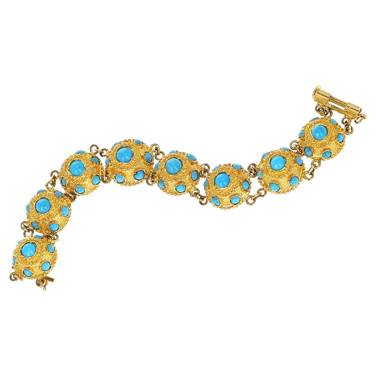 Turquoise Cabochon and Gold Bracelet, Part of Set For Sale