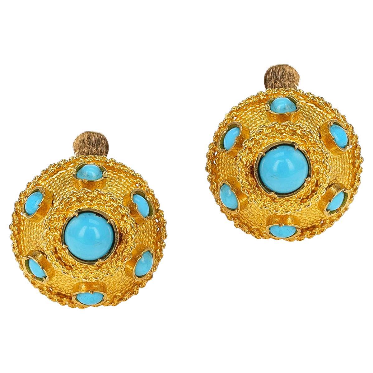 Turquoise Cabochon and Gold Earring, Part of Set  For Sale