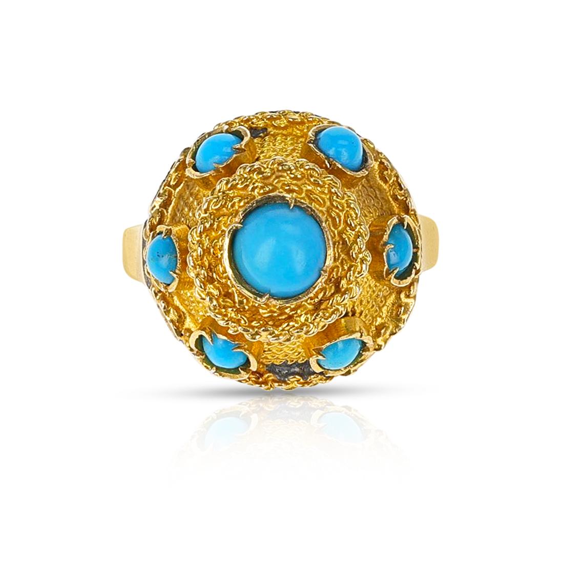 A Turquoise and Gold Ring. The Ring Size is US 2.50. The set consists of: Two pairs of earrings, a ring and a bracelet.
