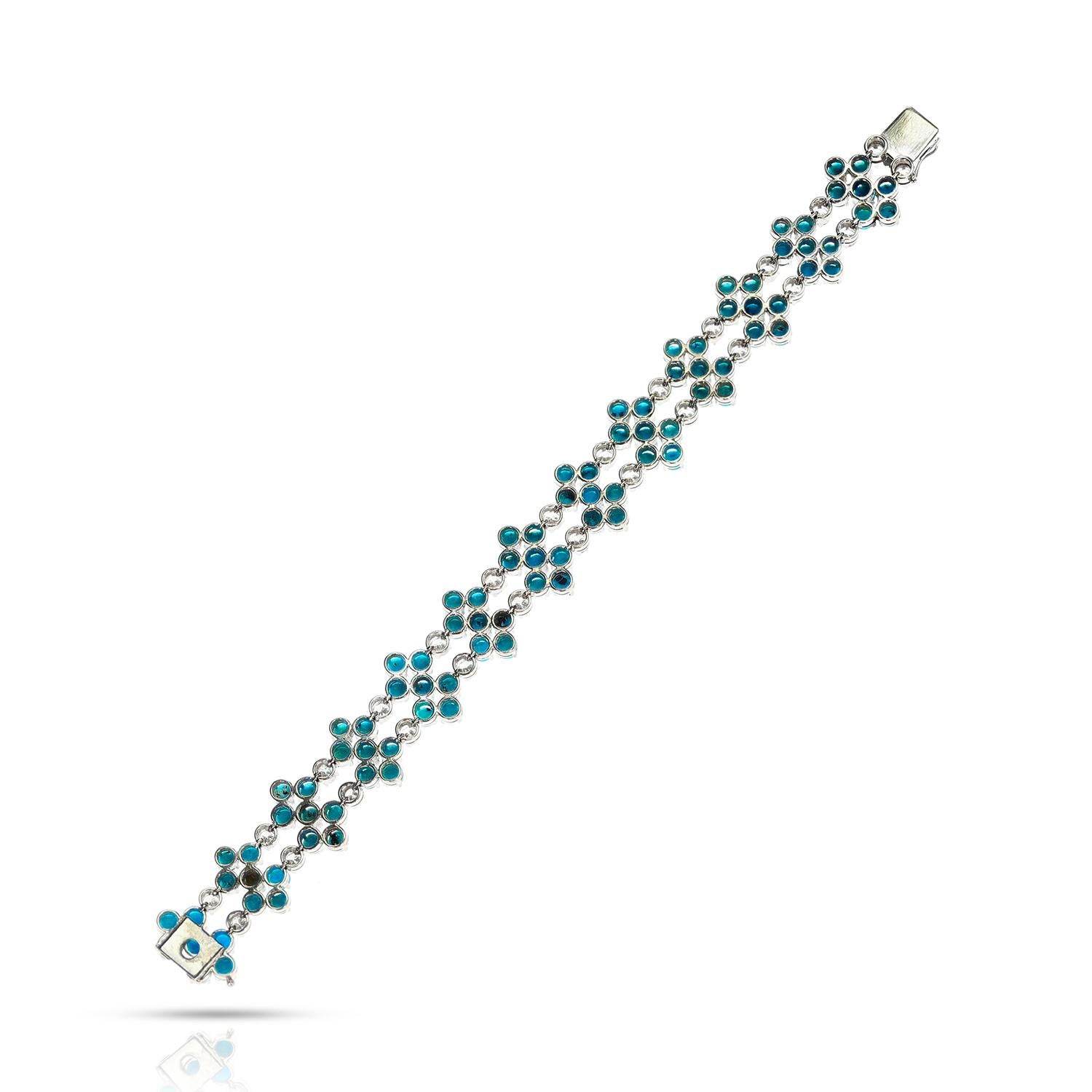 Round Cut Turquoise Cabochon and Round Diamond Bracelet, 18k For Sale