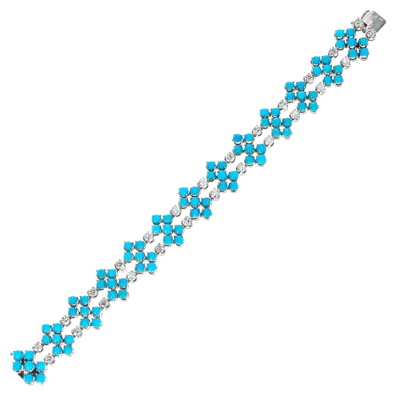 Turquoise Cabochon and Round Diamond Bracelet, 18k For Sale