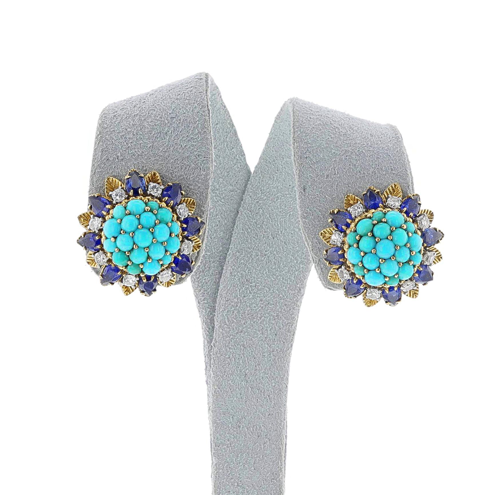 Mixed Cut Turquoise Cabochon and Sapphire and Diamond Cluster Earrings, 18k For Sale