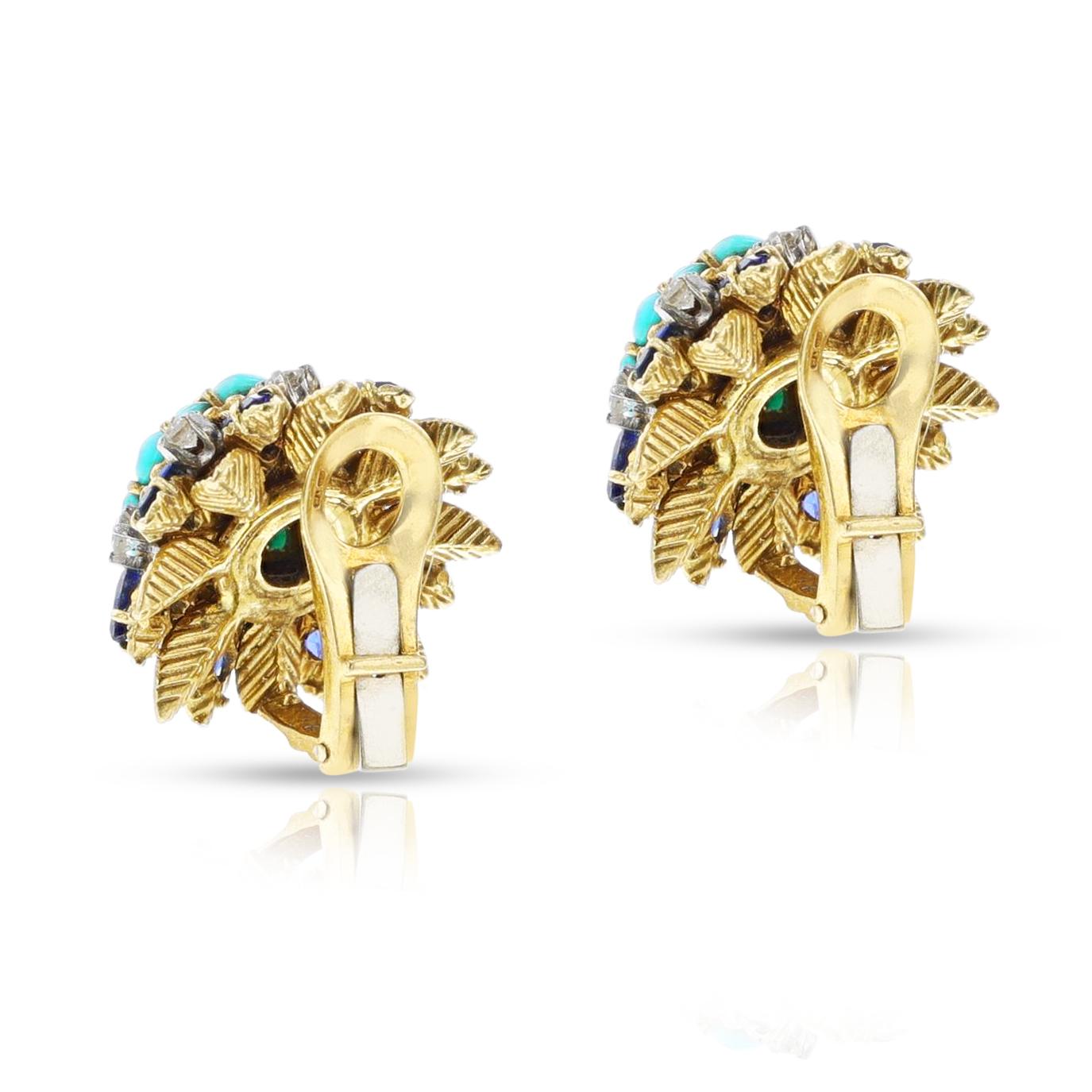 Turquoise Cabochon and Sapphire and Diamond Cluster Earrings, 18k In Excellent Condition For Sale In New York, NY