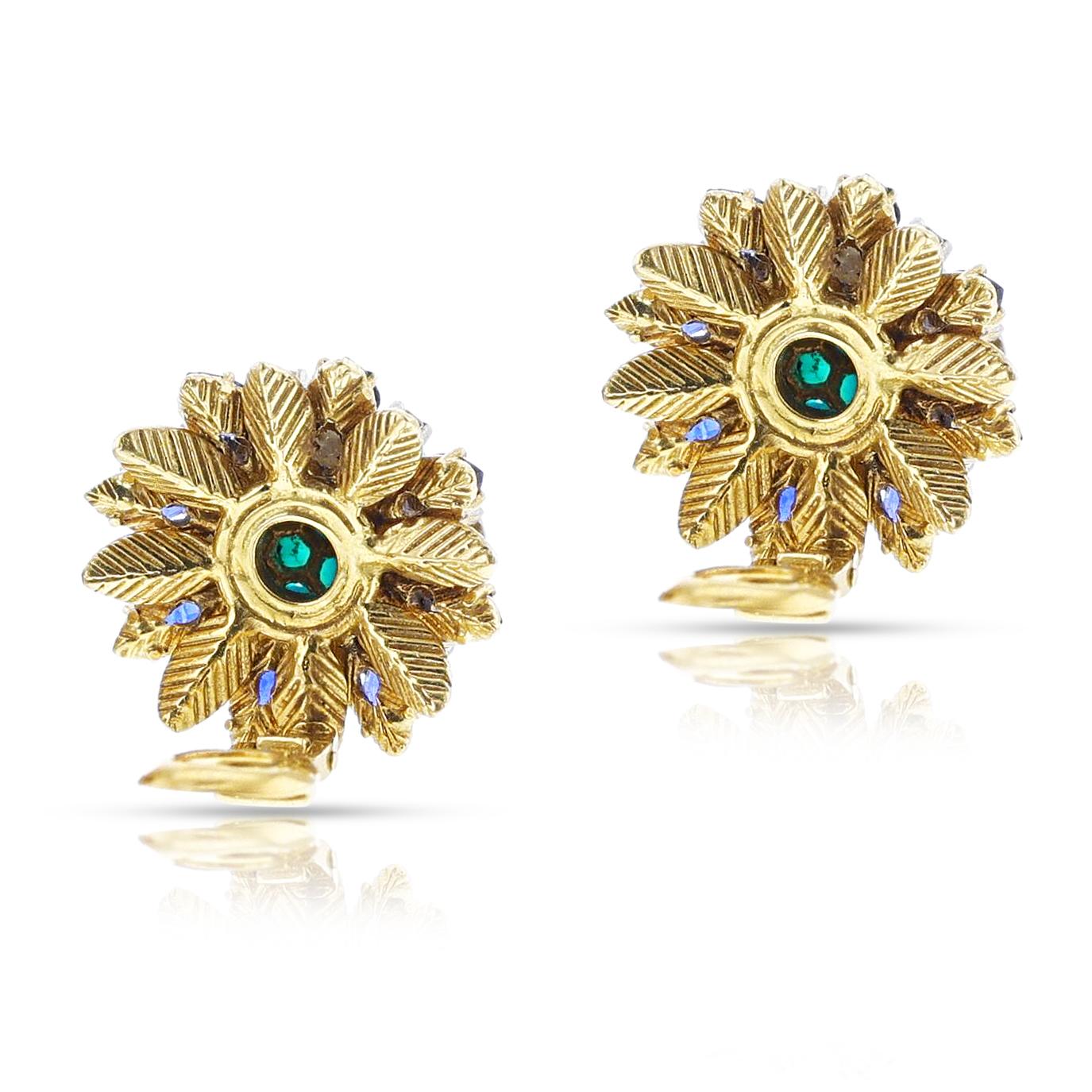 Women's or Men's Turquoise Cabochon and Sapphire and Diamond Cluster Earrings, 18k For Sale