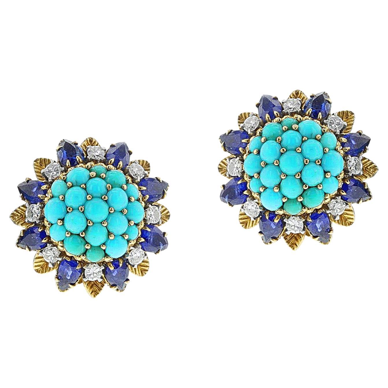 Turquoise Cabochon and Sapphire and Diamond Cluster Earrings, 18k