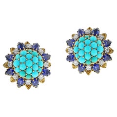 Turquoise Cabochon and Sapphire and Diamond Cluster Earrings, 18k