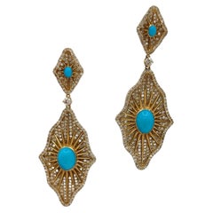 Turquoise Cabochon and White Diamond Dangle Earrings in 18K Yellow Gold
