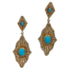 Turquoise Cabochon and White Diamond Dangle Earrings in 18K Yellow Gold