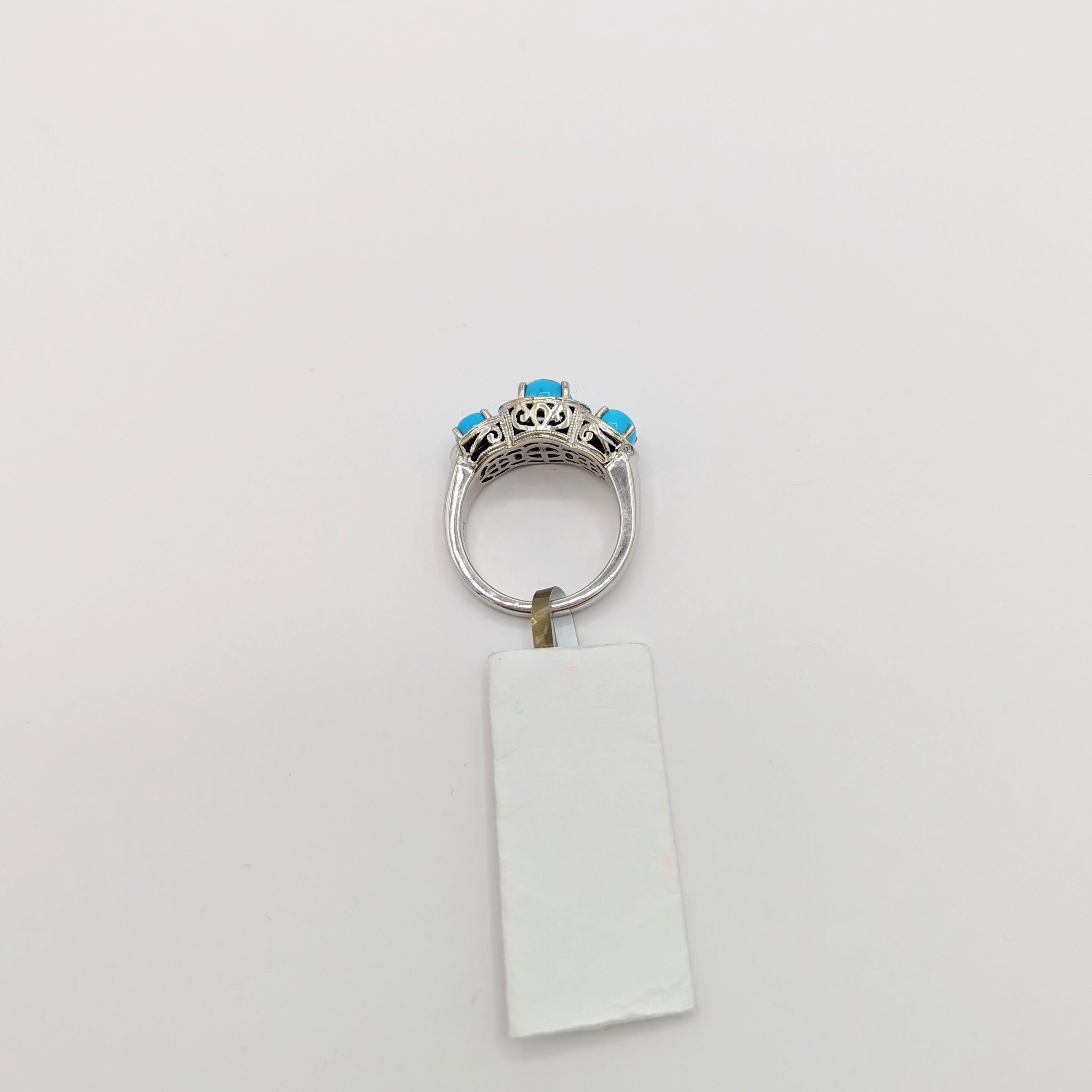 Turquoise Cabochon and White Diamond Three Stone Ring in Platinum In New Condition For Sale In Los Angeles, CA