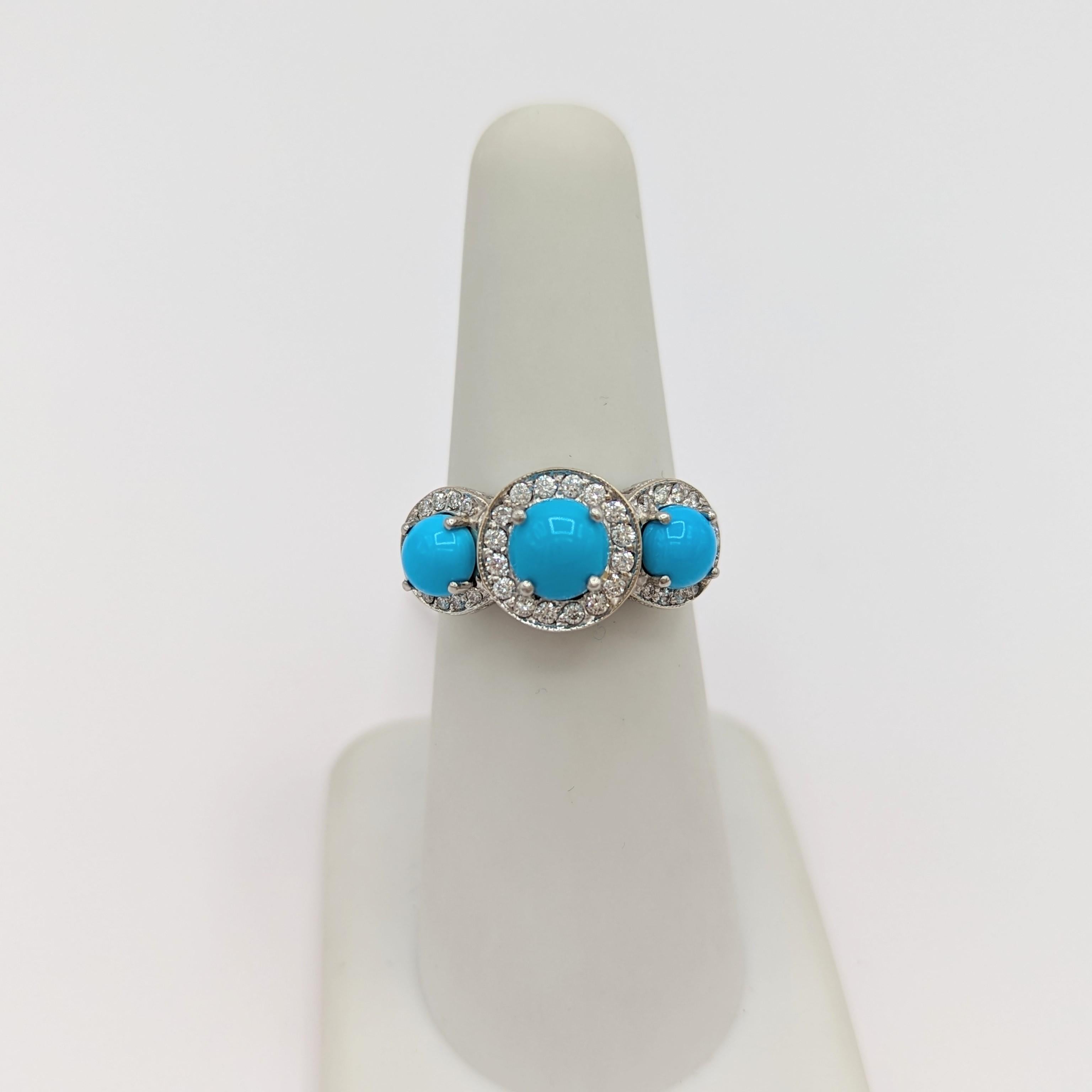 Turquoise Cabochon and White Diamond Three Stone Ring in Platinum For Sale 1