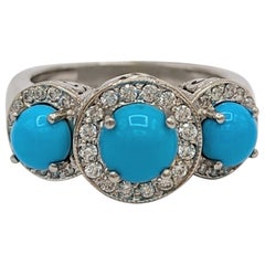Bague à trois pierres en platine avec turquoise cabochon et diamant blanc
