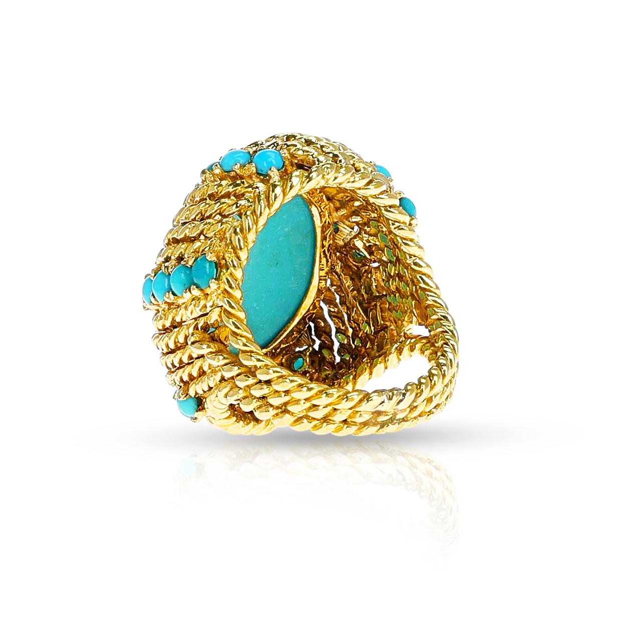 Women's or Men's Turquoise Cabochon Cocktail Ring with Rope-Work Gold, 18k For Sale
