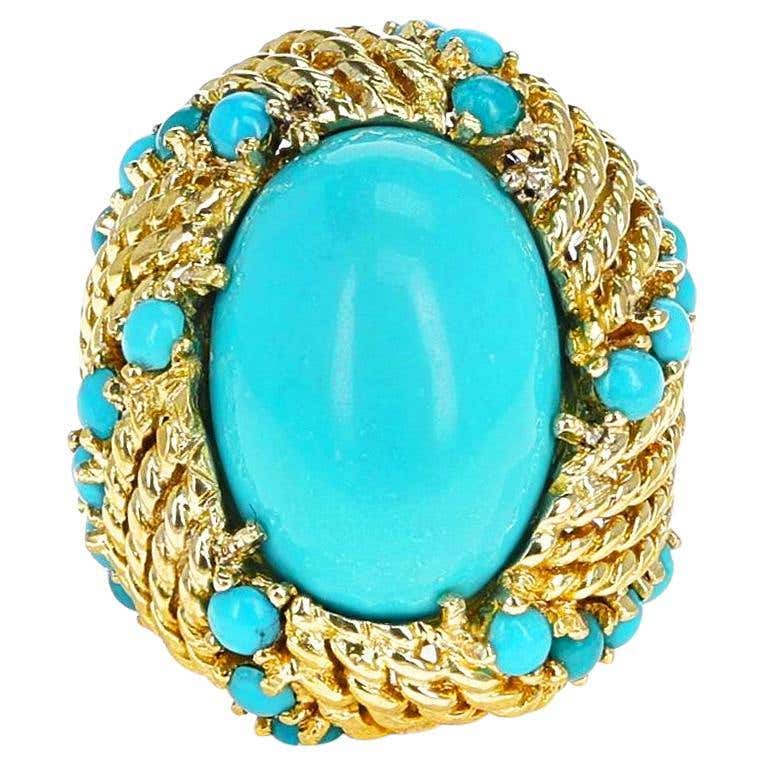 Golden Turquoise Pure Natural Gem Grade Candelaria Turquoise Ring, 18k Gold with Old ...
