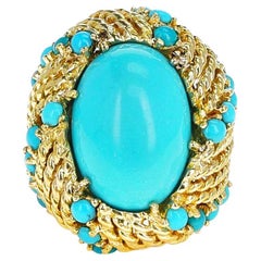 Vintage Turquoise Cabochon Cocktail Ring with Rope-Work Gold, 18k