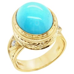 Turquoise Cabochon Diamond Yellow Gold Bezel Band Ring