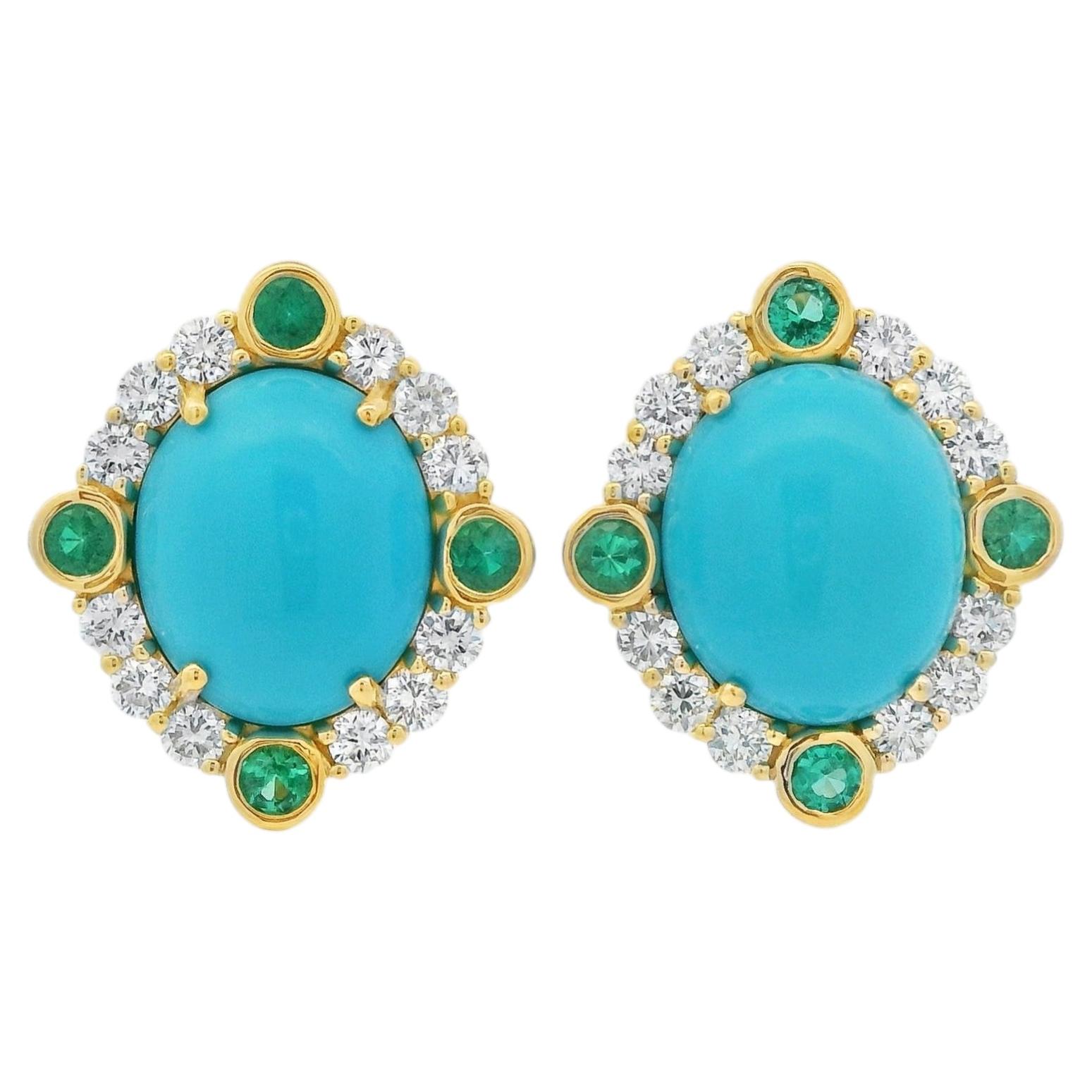 Orecchini con cabochon di turchese in oro giallo 14k con diamanti e smeraldi