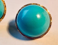Turquoise  Round Cabochon Stone Earrings set in Engraved 14 K Gold Settings