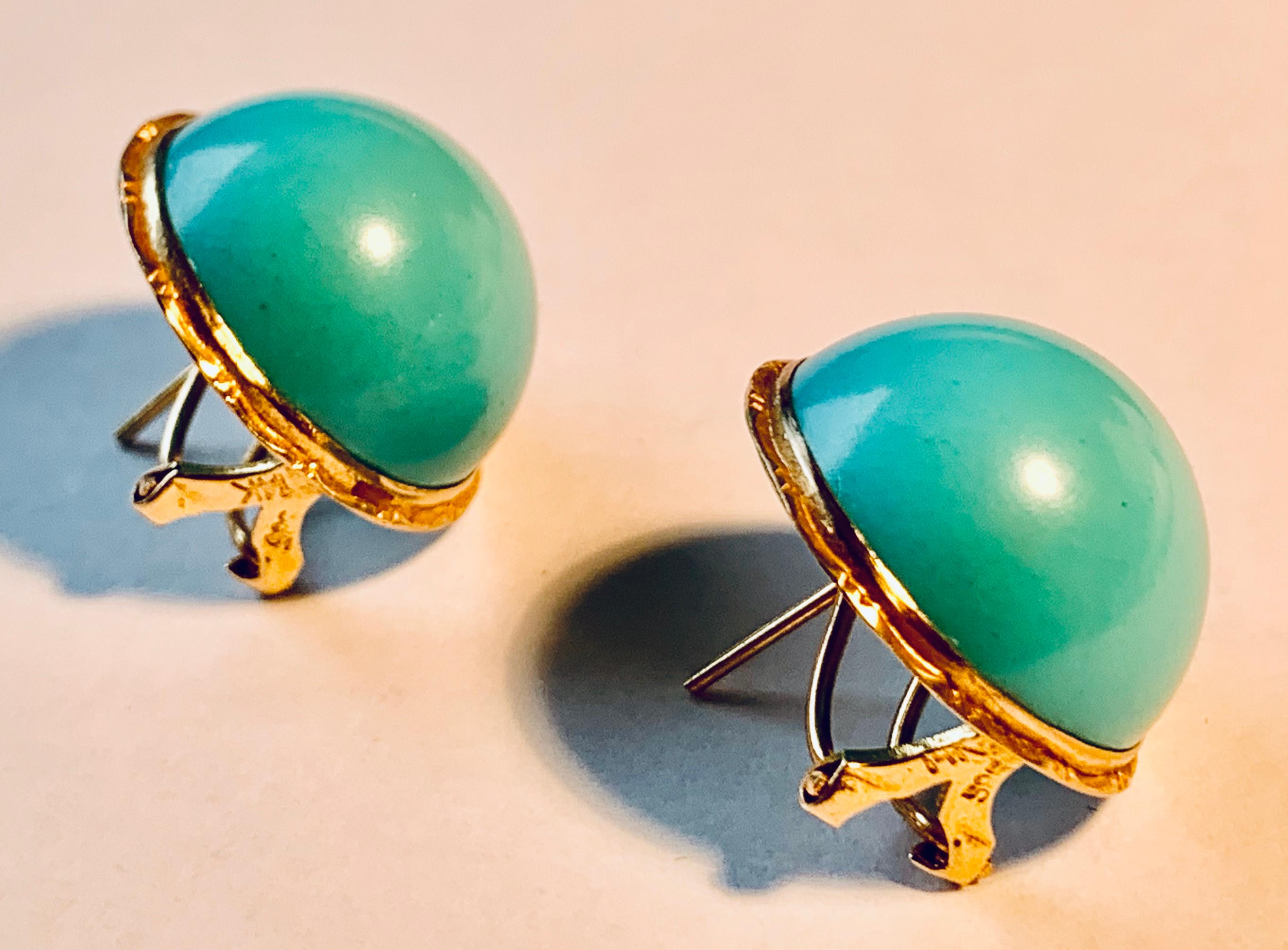 Contemporary  Turquoise  Round Cabochon Stone Earrings set in Engraved 14 K Gold Settings