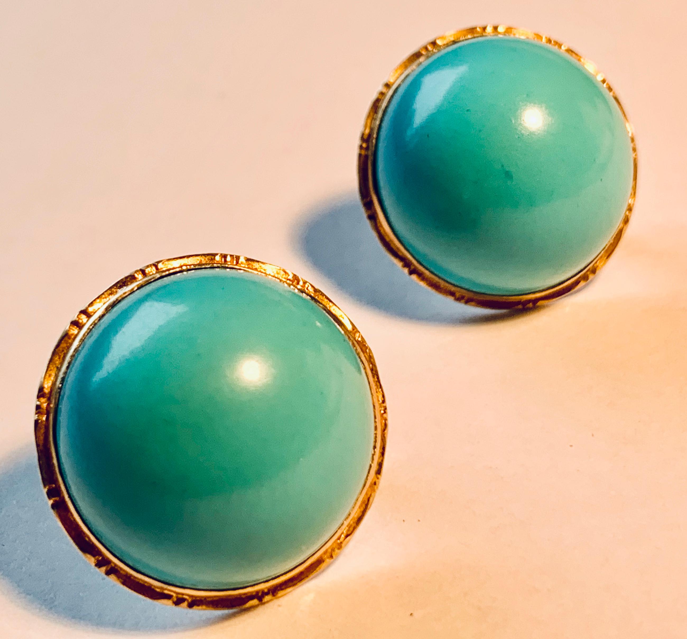 Round Cut  Turquoise  Round Cabochon Stone Earrings set in Engraved 14 K Gold Settings