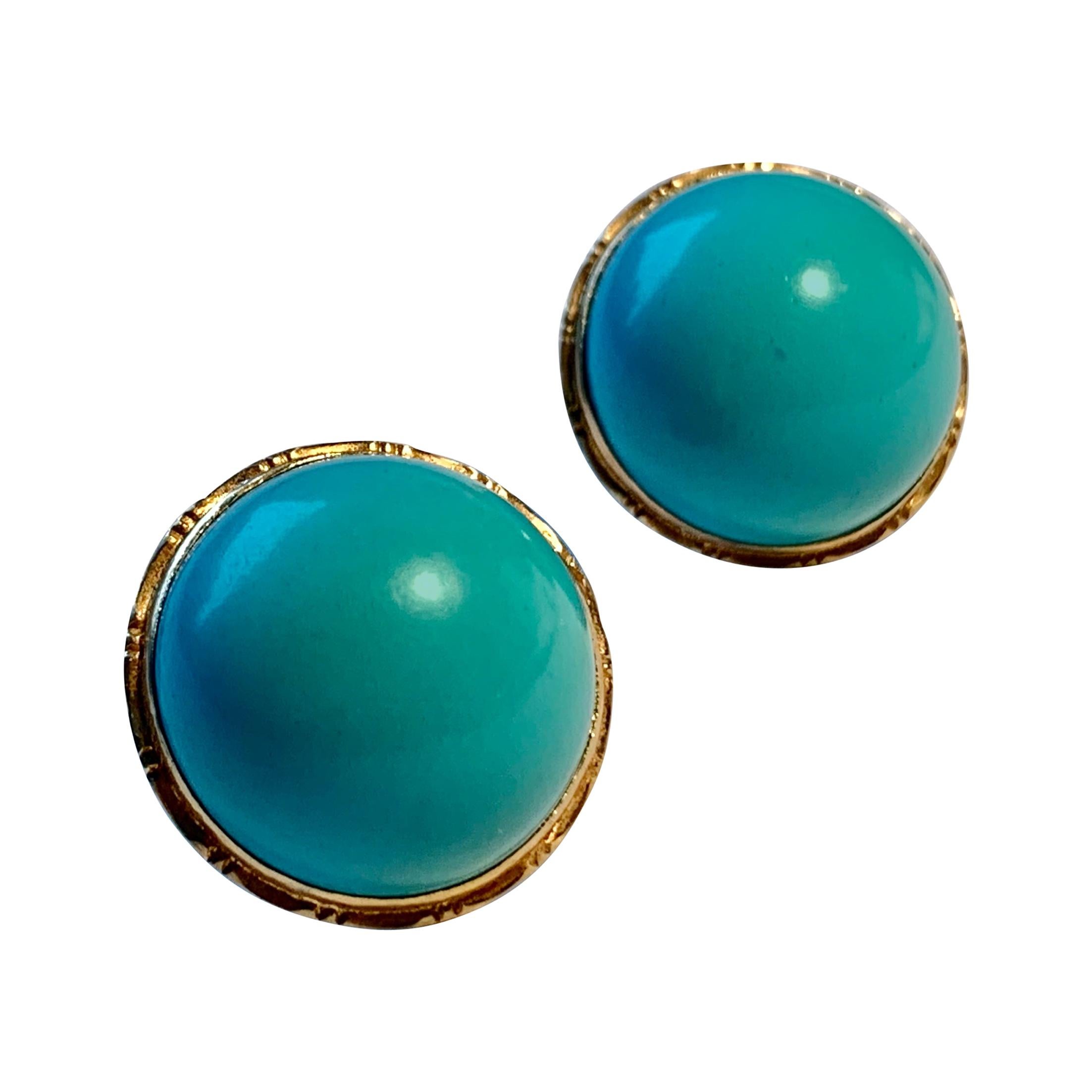  Turquoise  Round Cabochon Stone Earrings set in Engraved 14 K Gold Settings