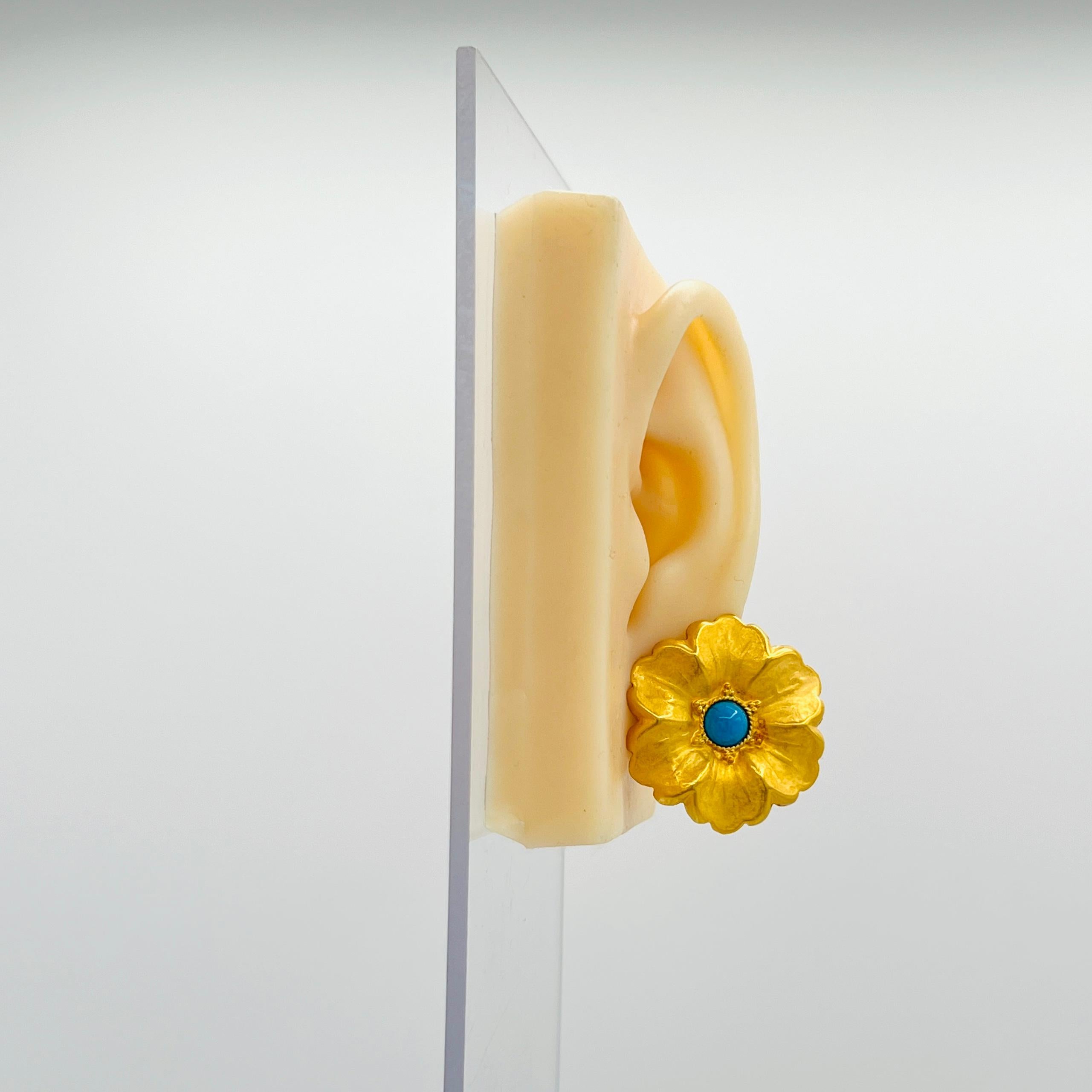 Bellissimi orecchini in oro giallo 18k con cabochon di turchese.  Realizzato a mano e molto leggero.  Impostazione di spinta all'indietro.