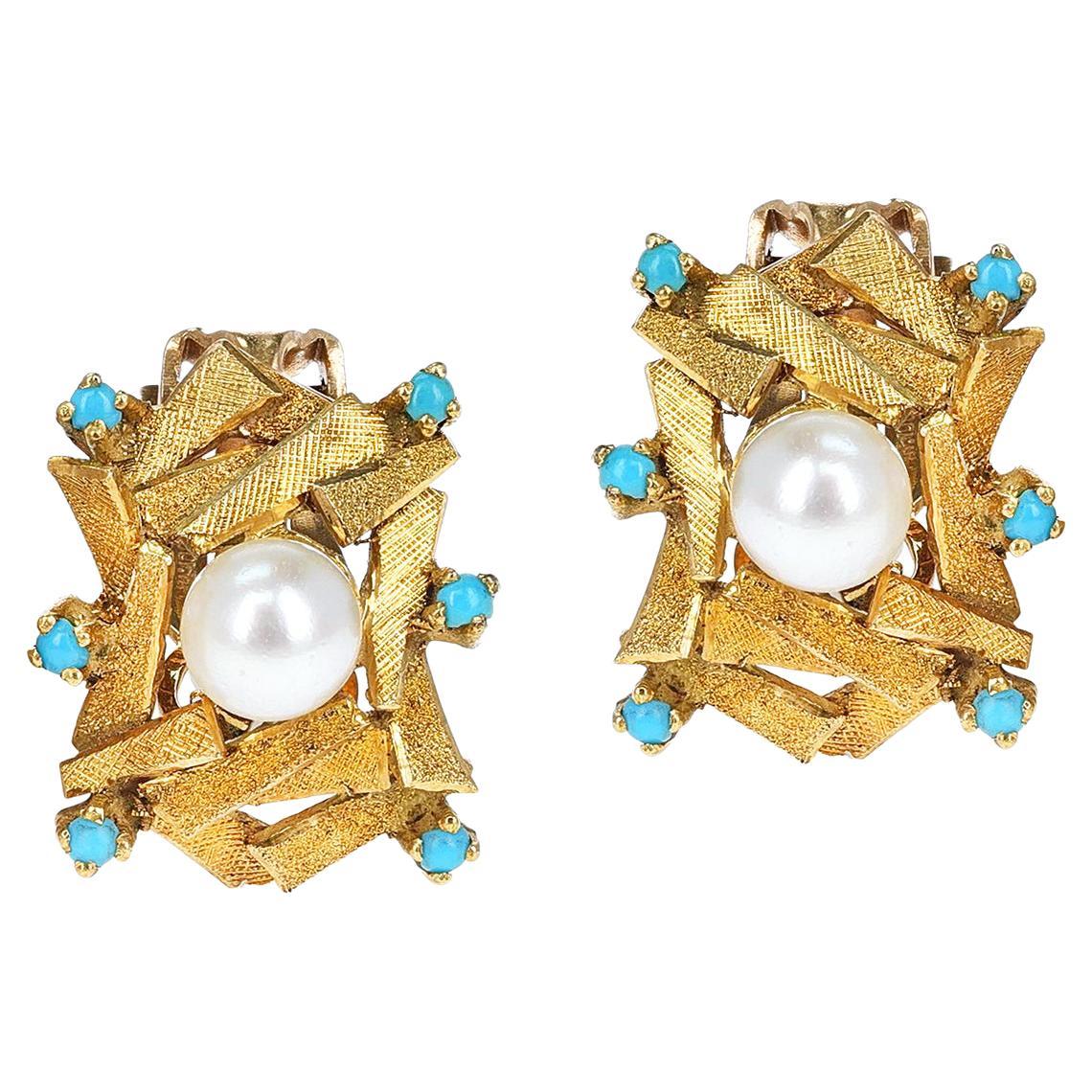 Boucles d'oreilles en or, or et perles avec cabochon de turquoise, faisant partie de l'ensemble 