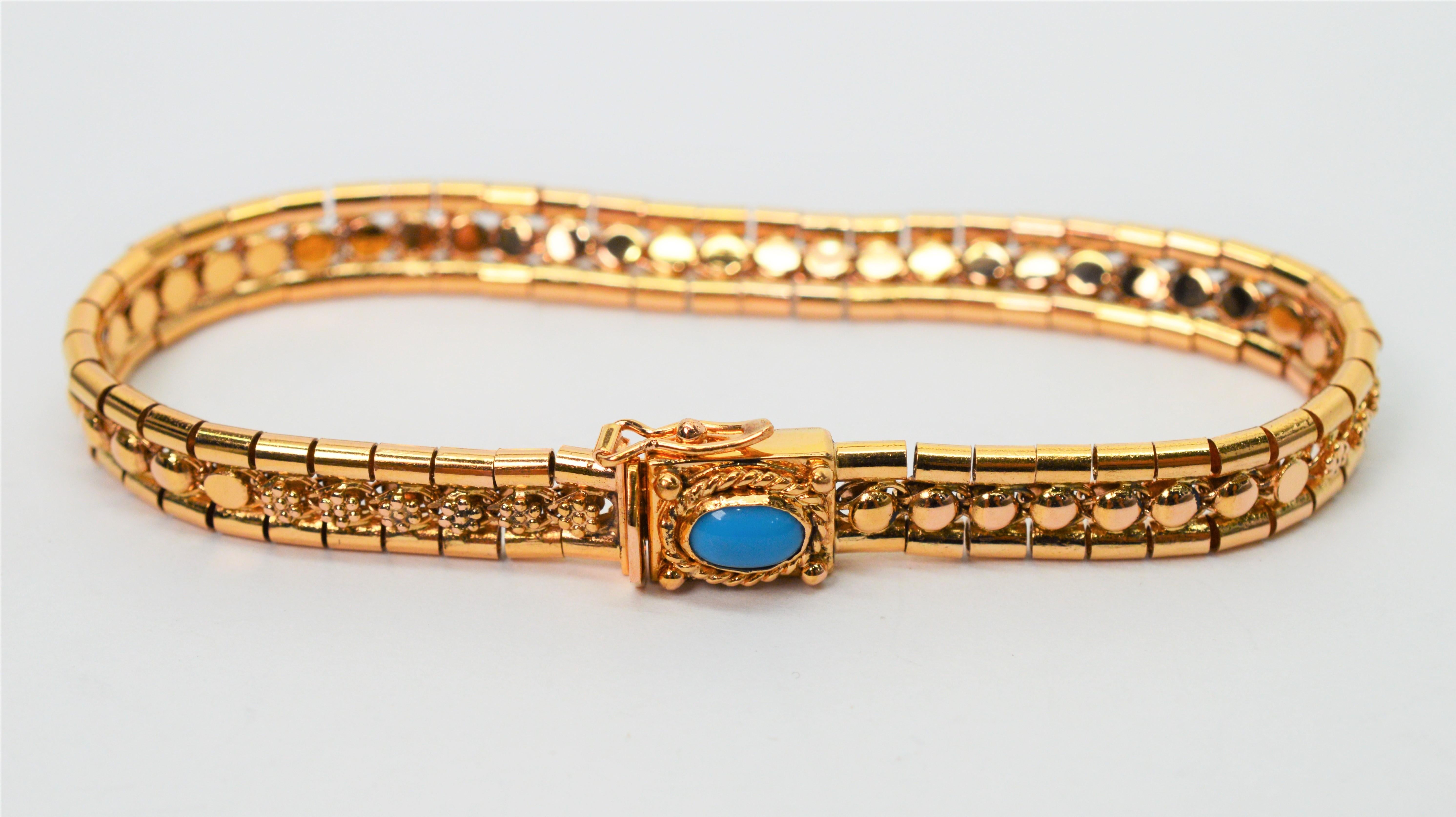 18 Karat Yellow Gold Link Buckle Bracelet w Turquoise Cabochon Accent For Sale 6