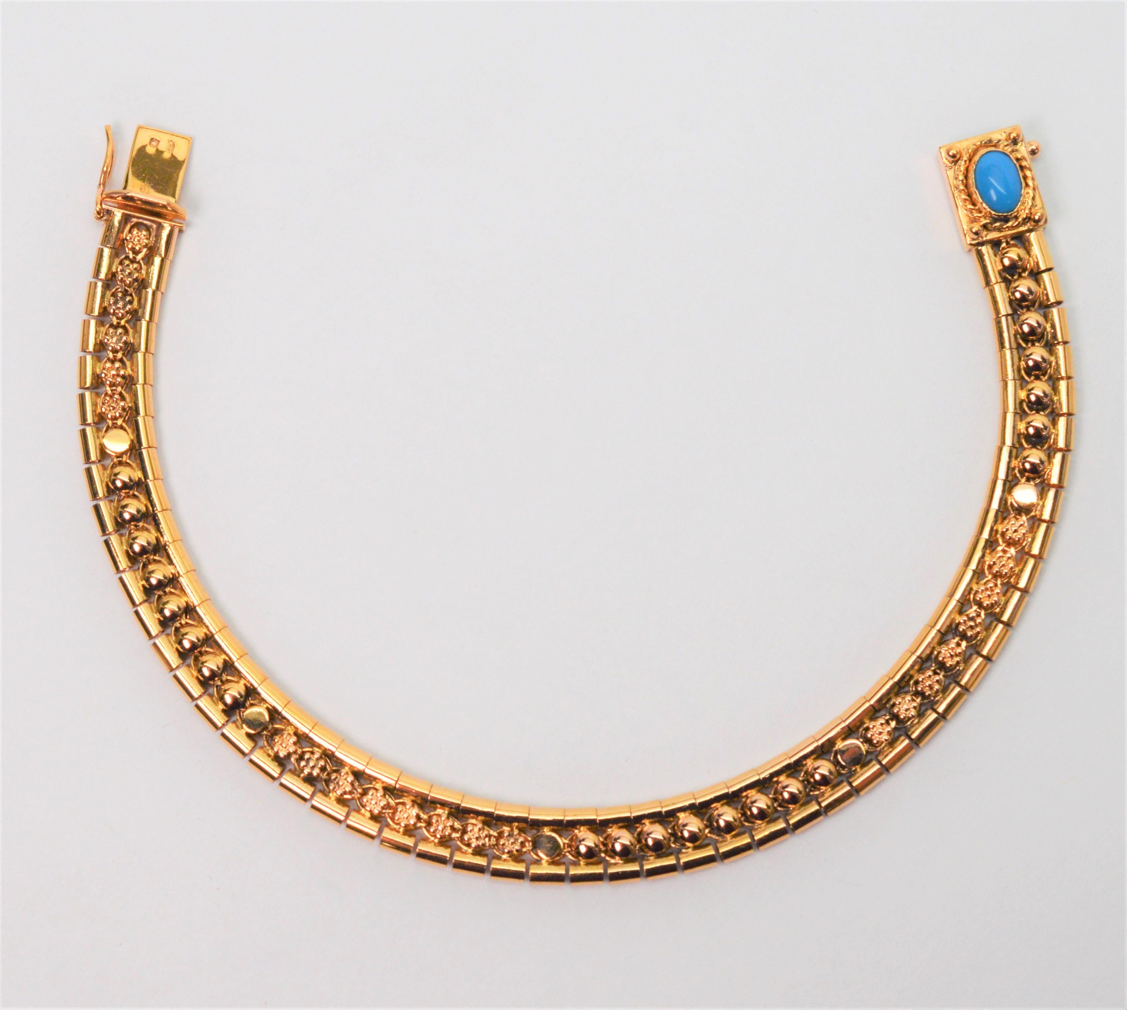 Women's 18 Karat Yellow Gold Link Buckle Bracelet w Turquoise Cabochon Accent For Sale
