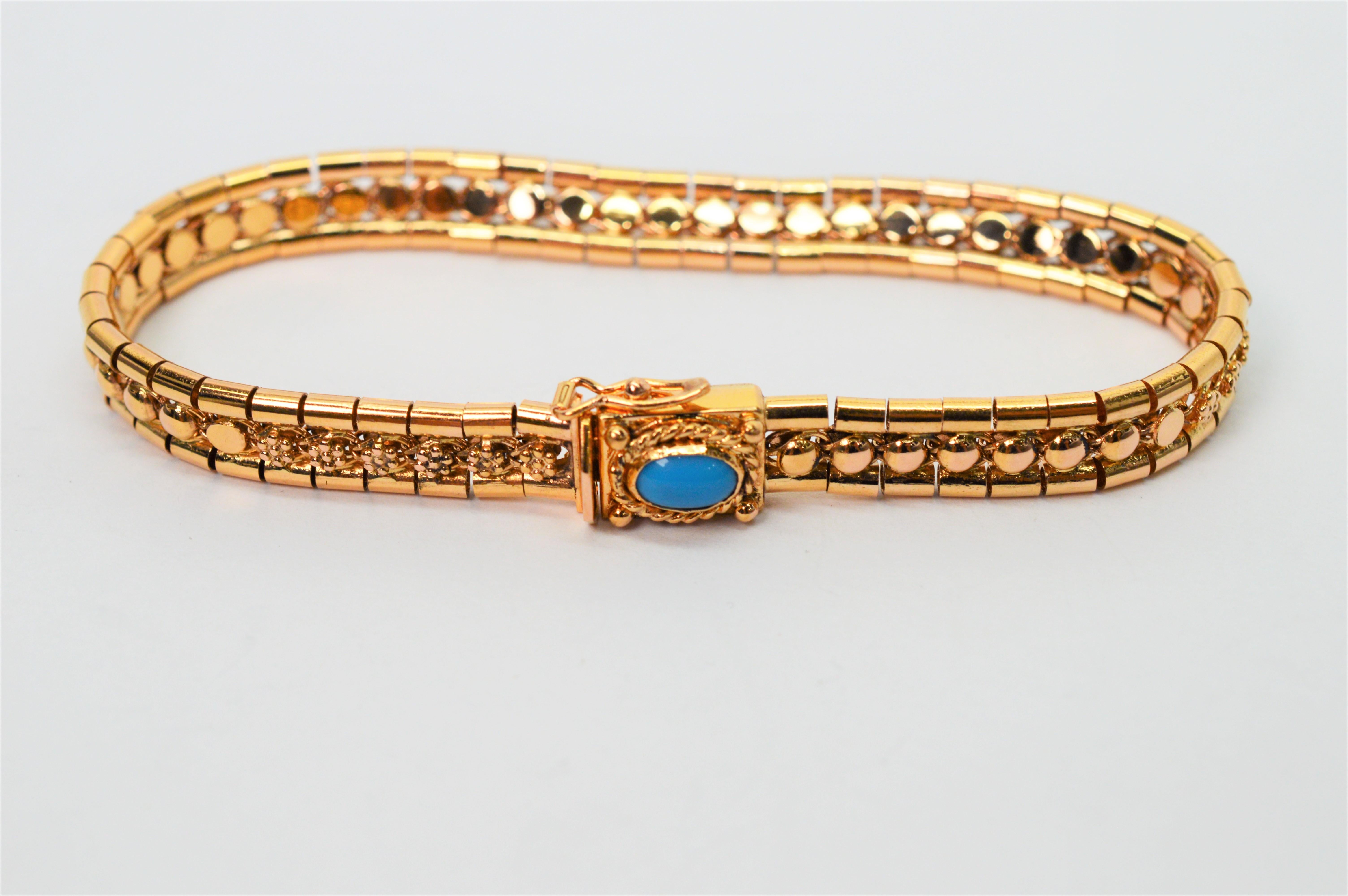 18 Karat Yellow Gold Link Buckle Bracelet w Turquoise Cabochon Accent For Sale 1