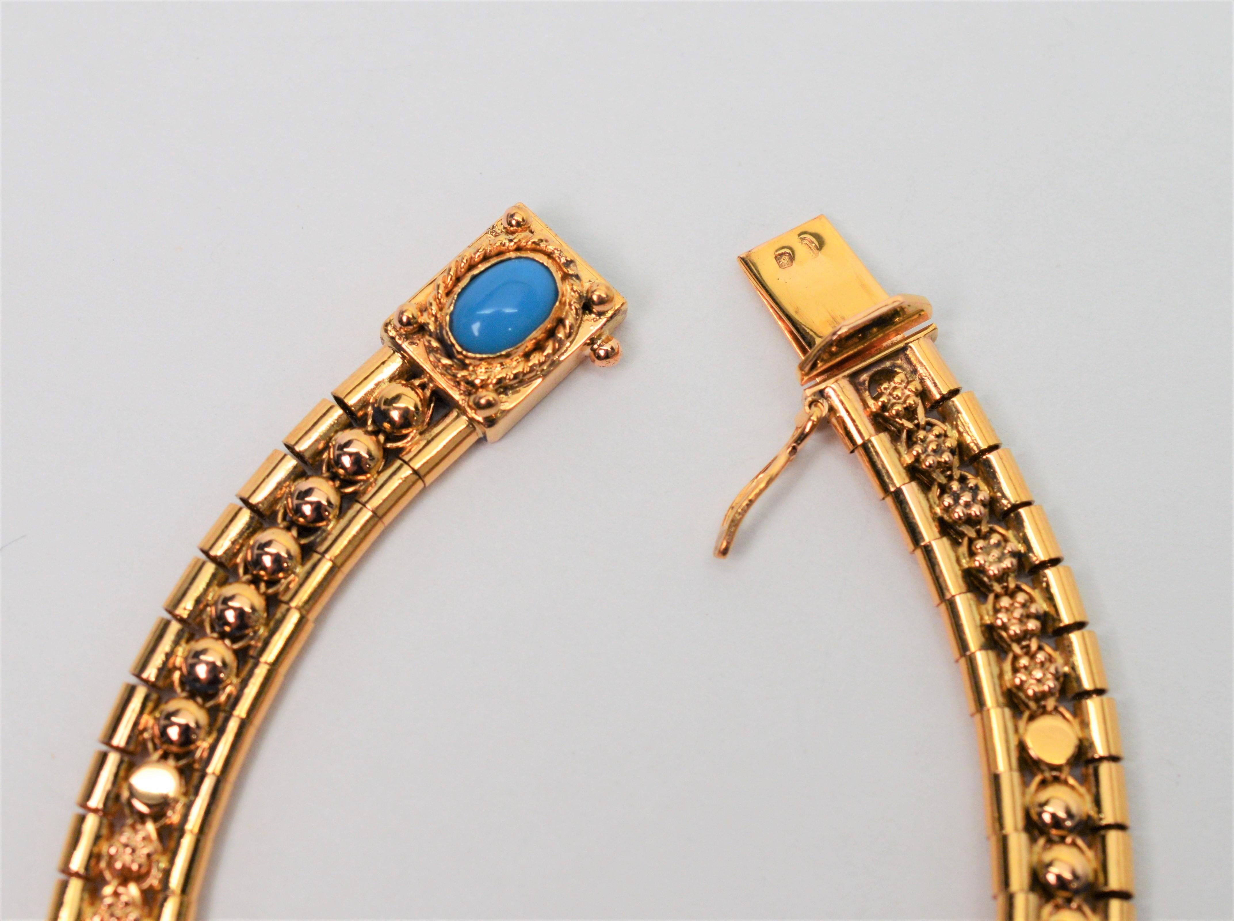 18 Karat Yellow Gold Link Buckle Bracelet w Turquoise Cabochon Accent For Sale 3