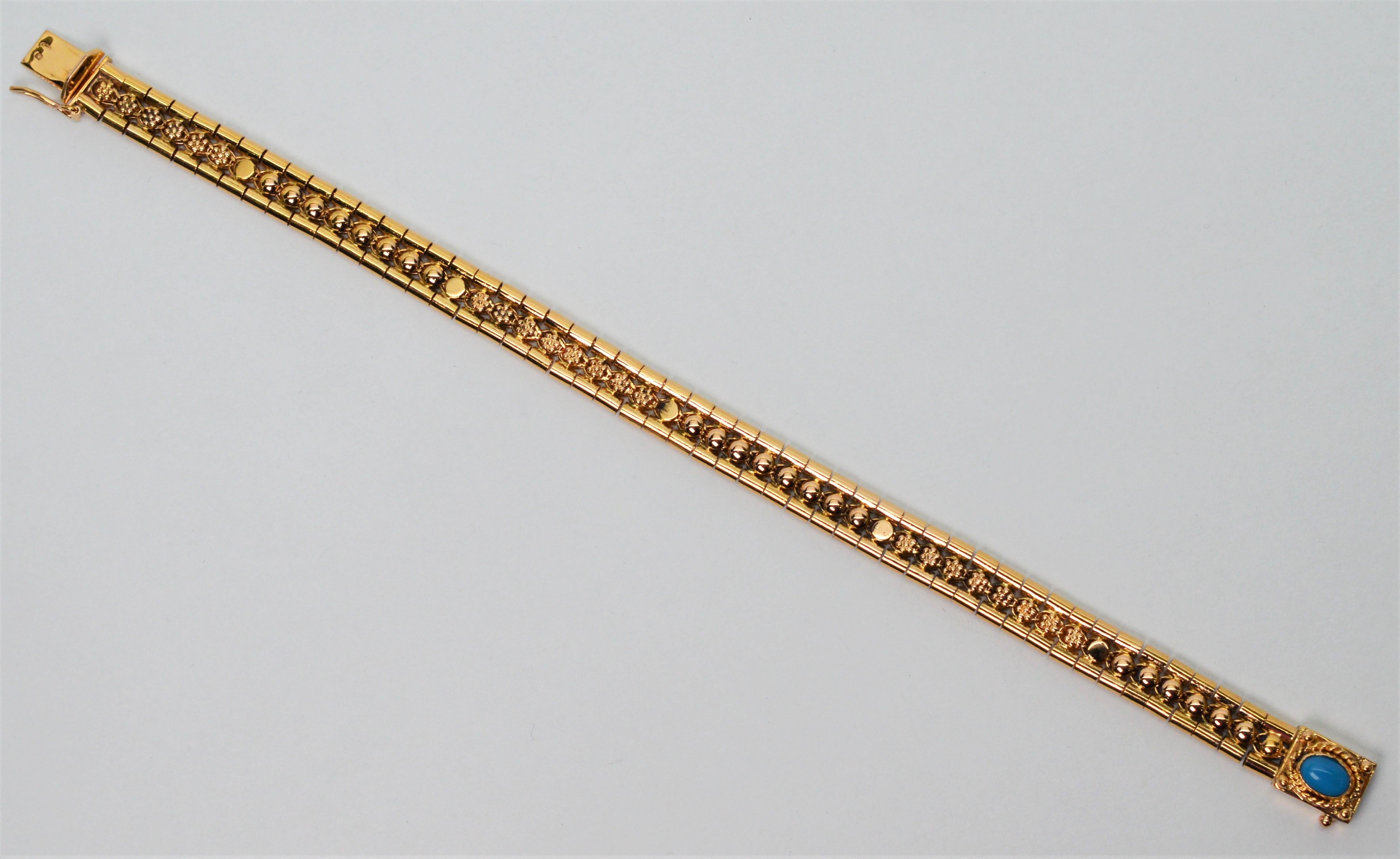 18 Karat Yellow Gold Link Buckle Bracelet w Turquoise Cabochon Accent For Sale 5