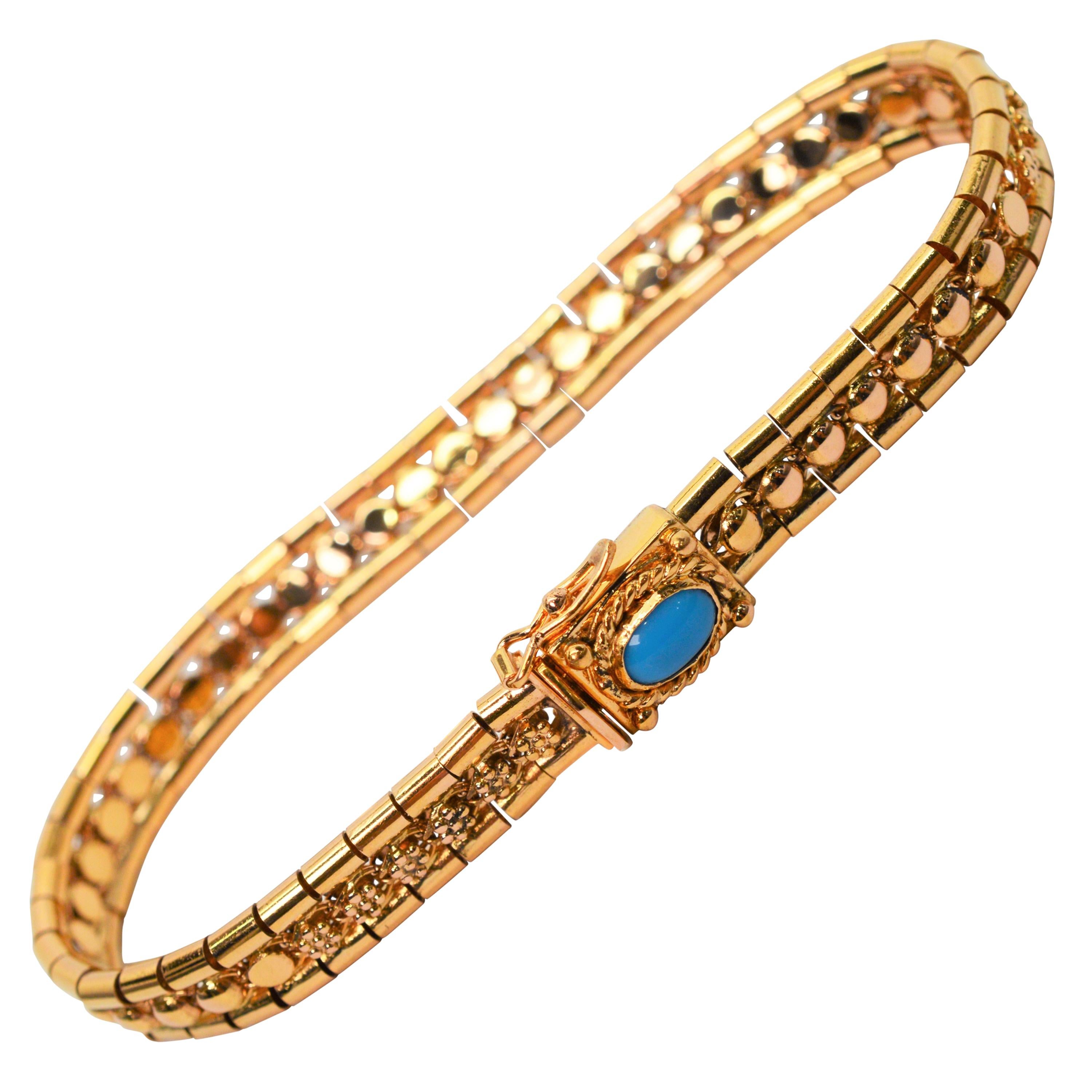 18 Karat Yellow Gold Link Buckle Bracelet w Turquoise Cabochon Accent