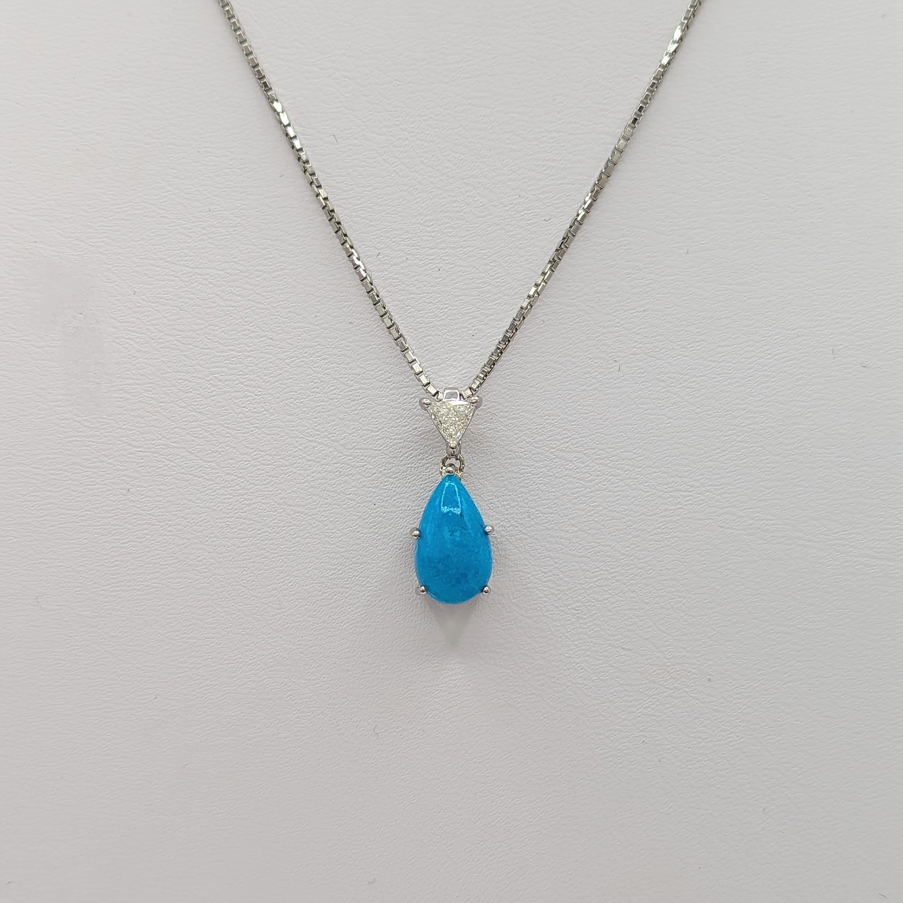 Turquoise Cabochon Pear Shape and White Diamond Pendant Necklace in Platinum In New Condition For Sale In Los Angeles, CA