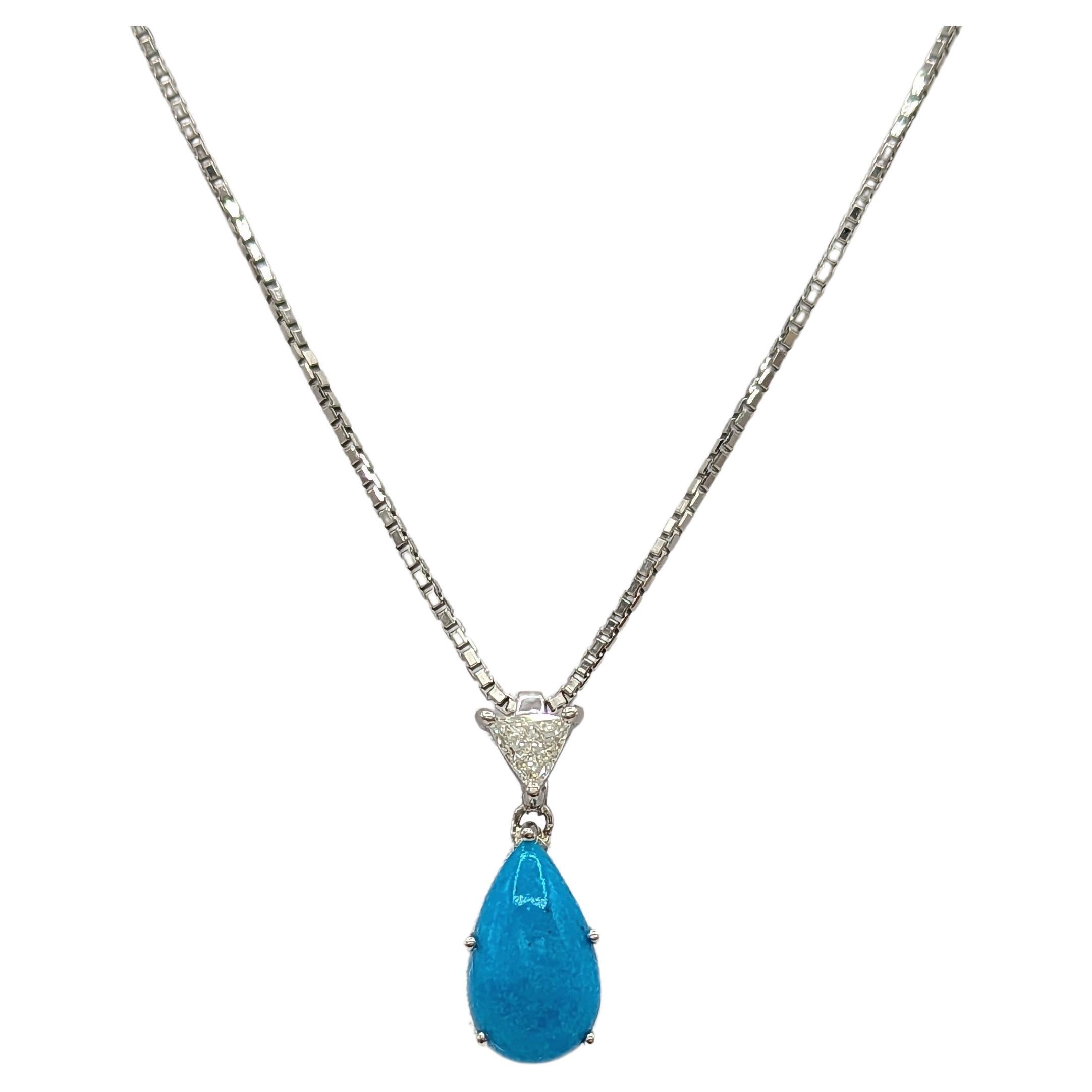 Turquoise Cabochon Pear Shape and White Diamond Pendant Necklace in Platinum