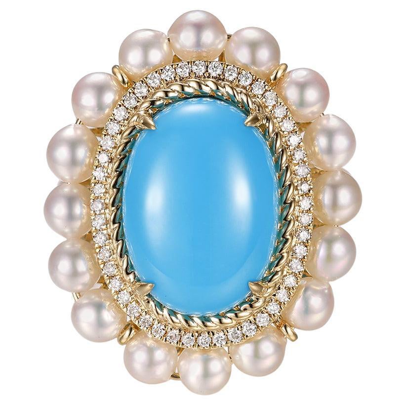 Bague Turquoise Cabochon Perle Diamant en or jaune 14 carats