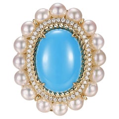 Anillo Turquesa Cabujón Perla Diamante en Oro Amarillo de 14 Kilates