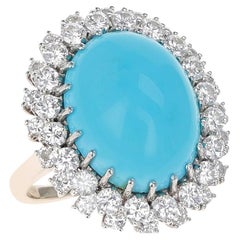 Turquoise Cabochon Ring accented with 1.60 Ct. Round Diamonds, French Marks