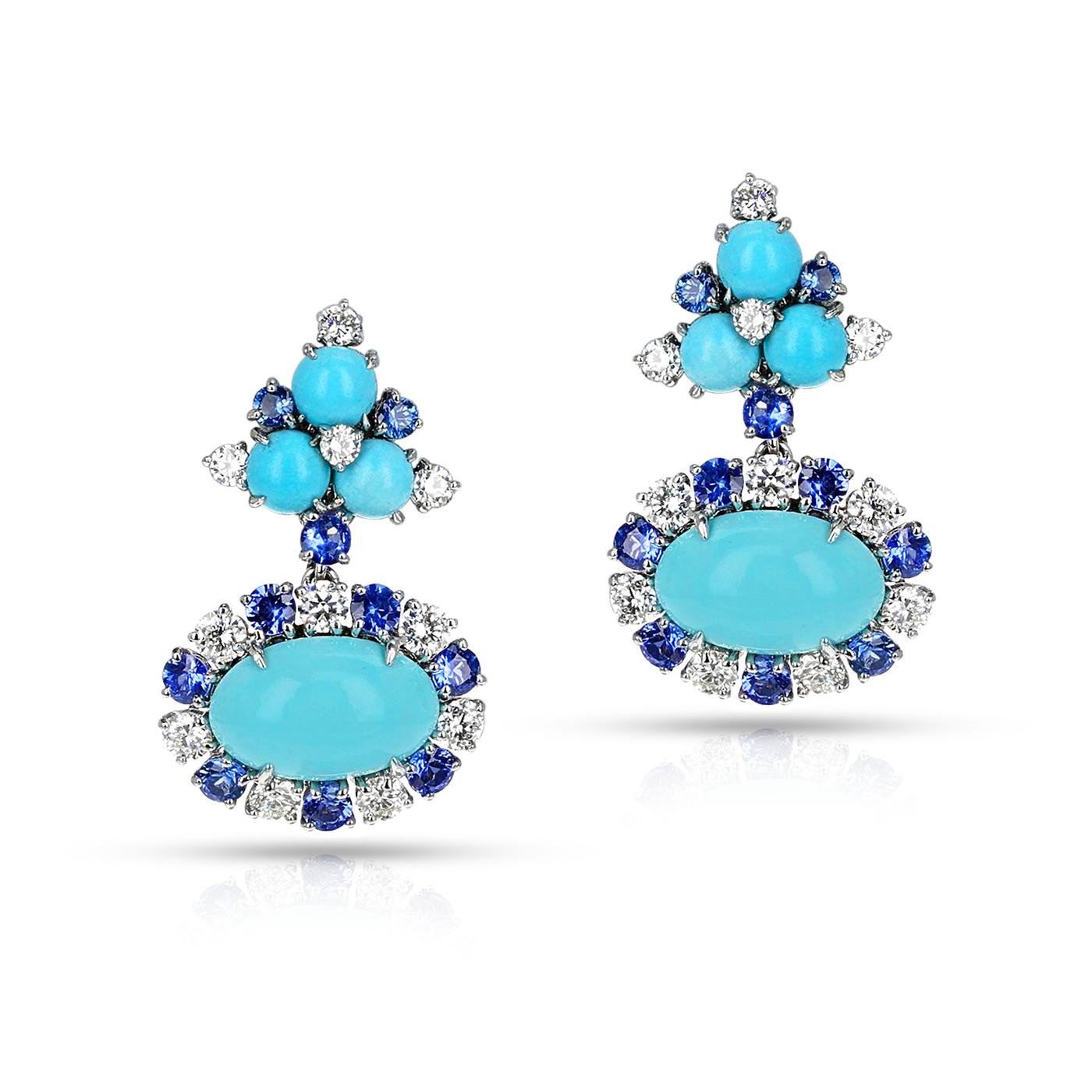 Turquoise Cabochon, Sapphire and Diamond Dangling Earrings, 18k In Excellent Condition In New York, NY