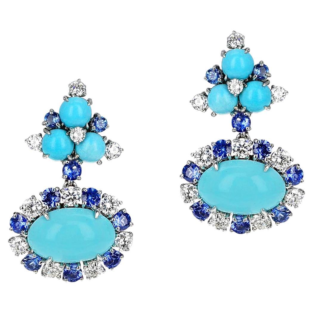 Turquoise Cabochon, Sapphire and Diamond Dangling Earrings, 18k