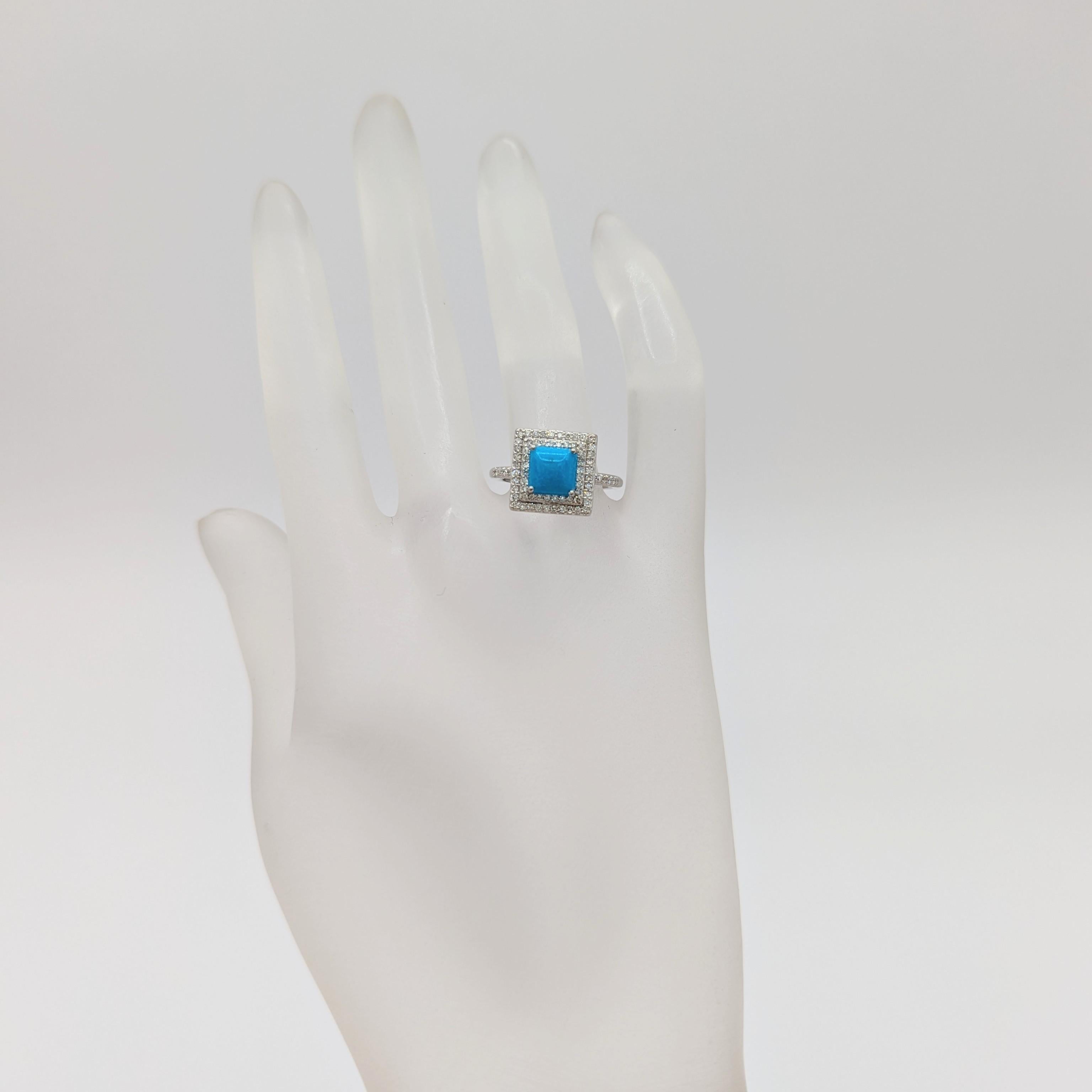 Türkis-Cabochon Quadratischer und weißer Diamantring aus 14 Karat Weißgold mit Türkis (Carréeschliff) im Angebot