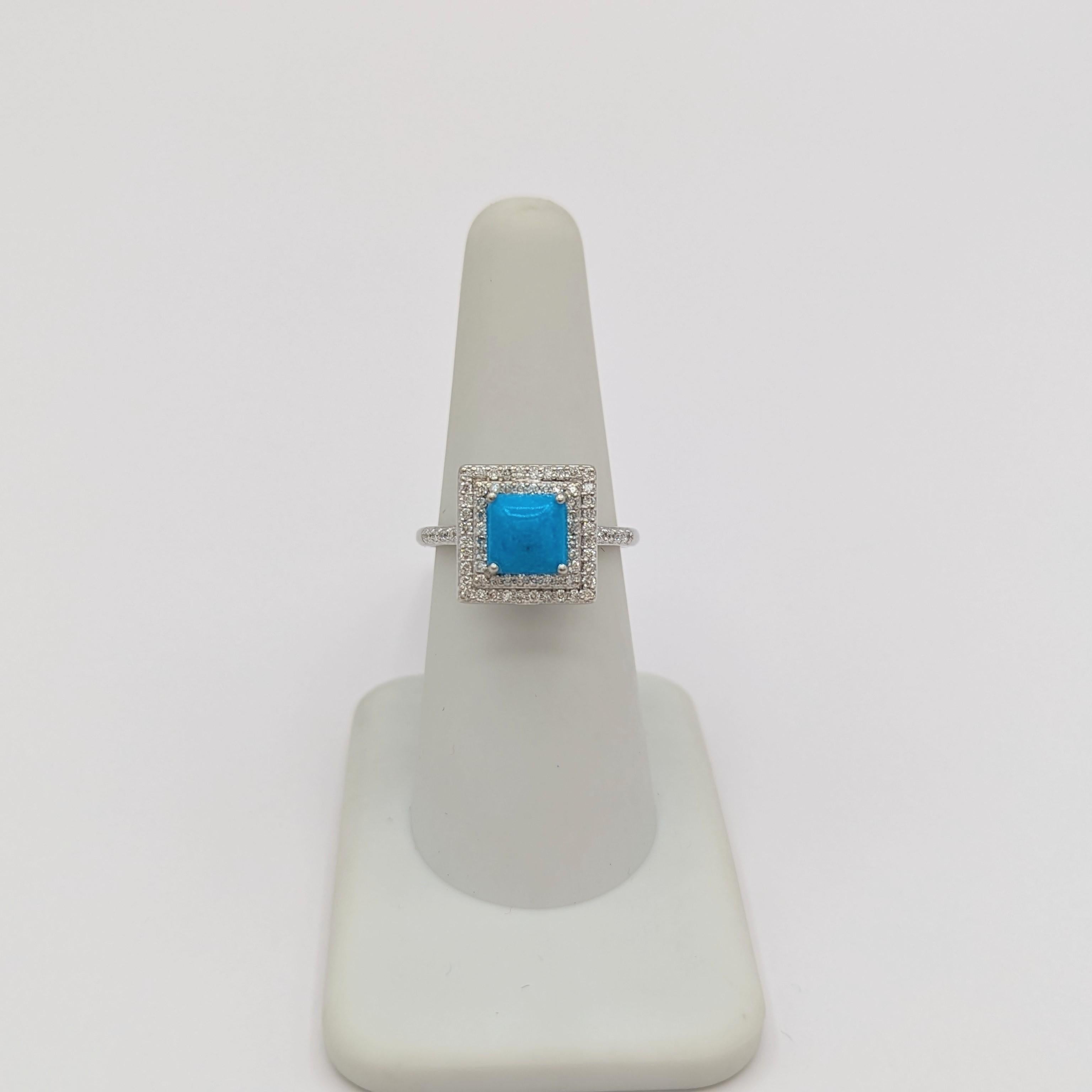 Türkis-Cabochon Quadratischer und weißer Diamantring aus 14 Karat Weißgold mit Türkis im Zustand „Neu“ im Angebot in Los Angeles, CA